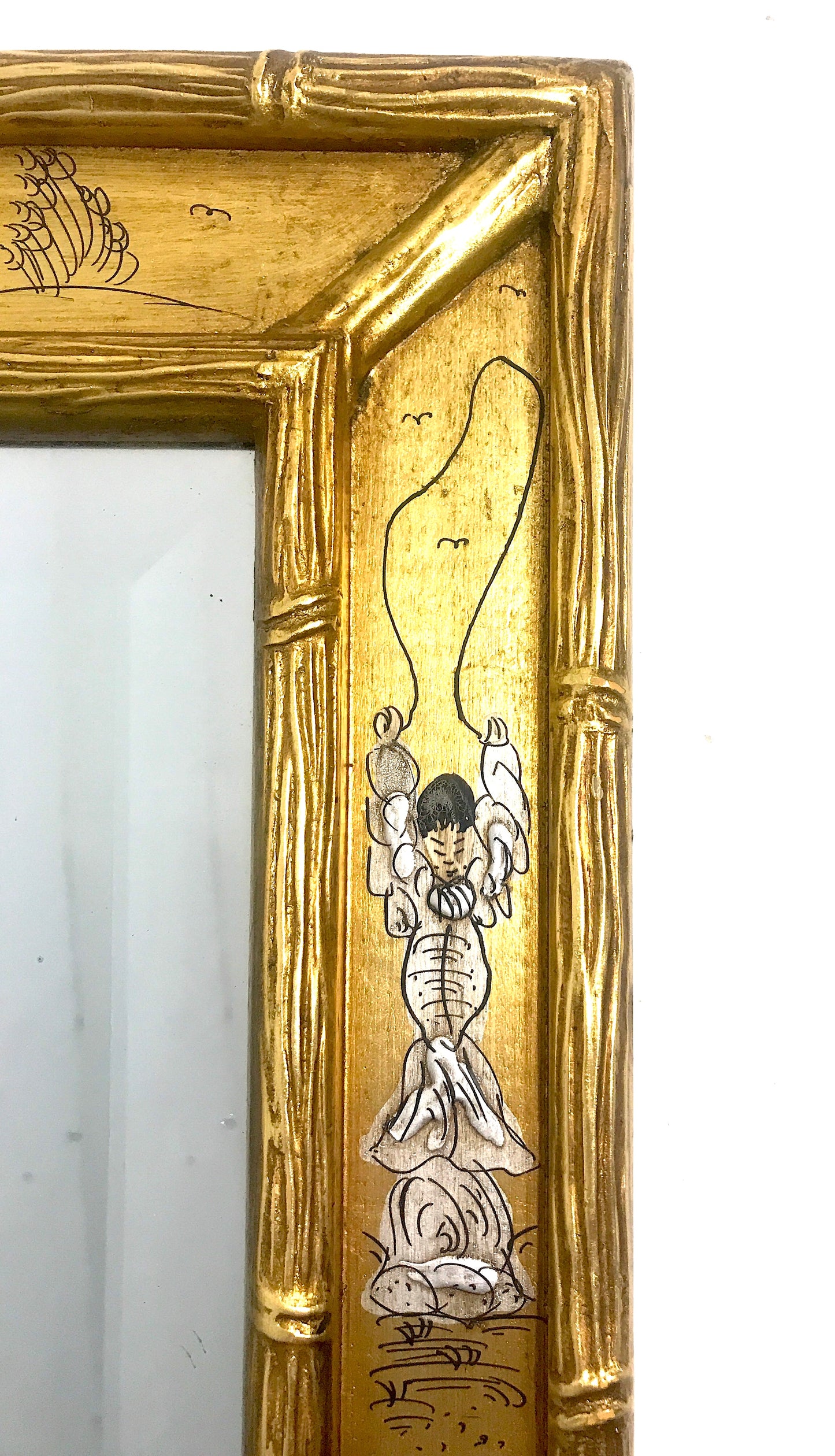 Vintage Chinoiserie Rectangular Faux Bamboo Gold Gilt Wall Mirror With Minature Hand Painted Chinoiserie Landscape Scenes