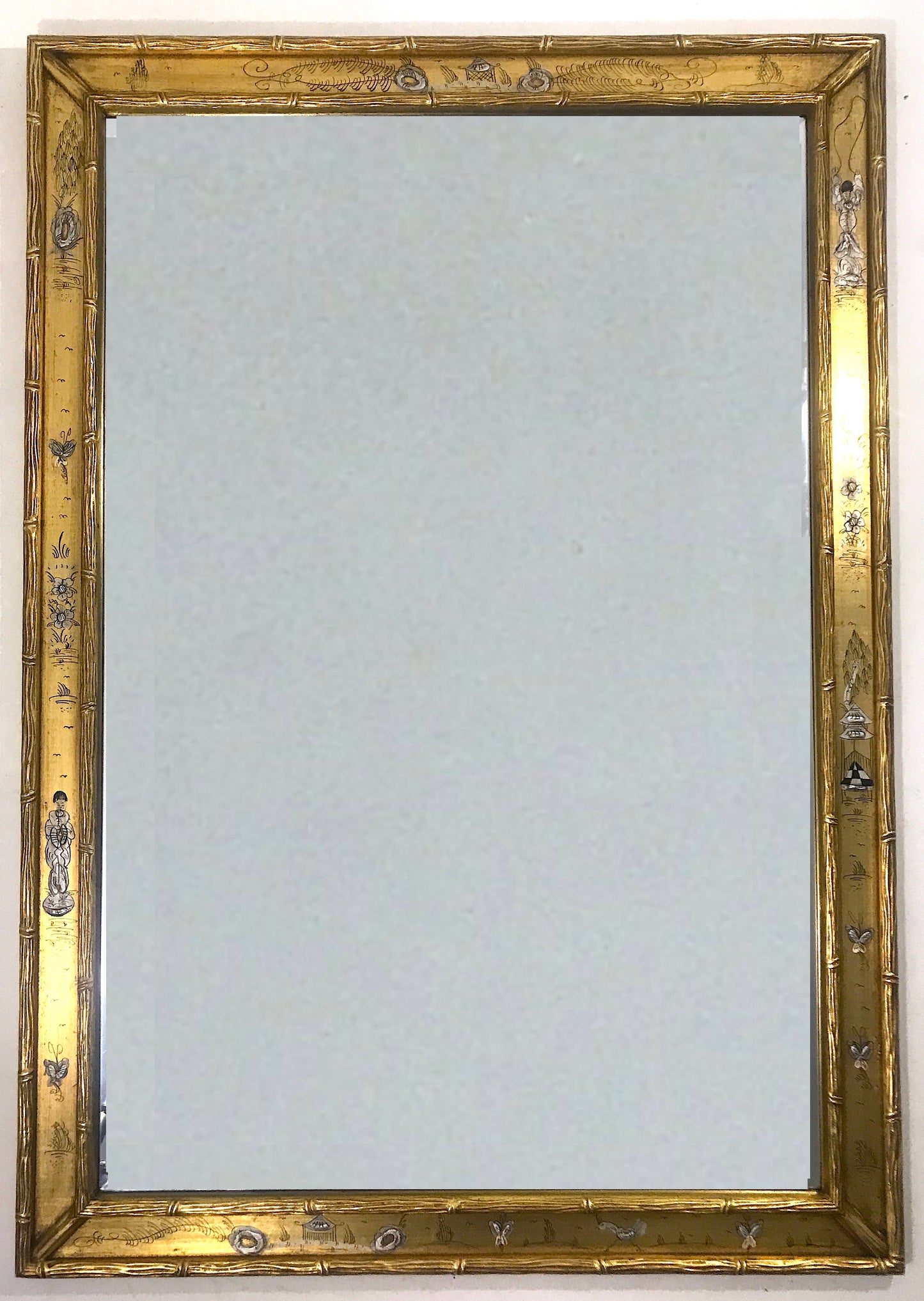 Vintage Chinoiserie Rectangular Faux Bamboo Gold Gilt Wall Mirror With Minature Hand Painted Chinoiserie Landscape Scenes