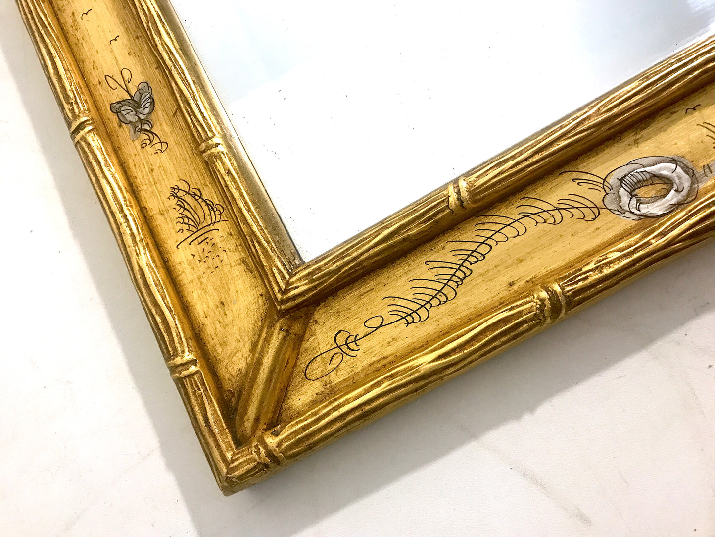 Vintage Chinoiserie Rectangular Faux Bamboo Gold Gilt Wall Mirror With Minature Hand Painted Chinoiserie Landscape Scenes