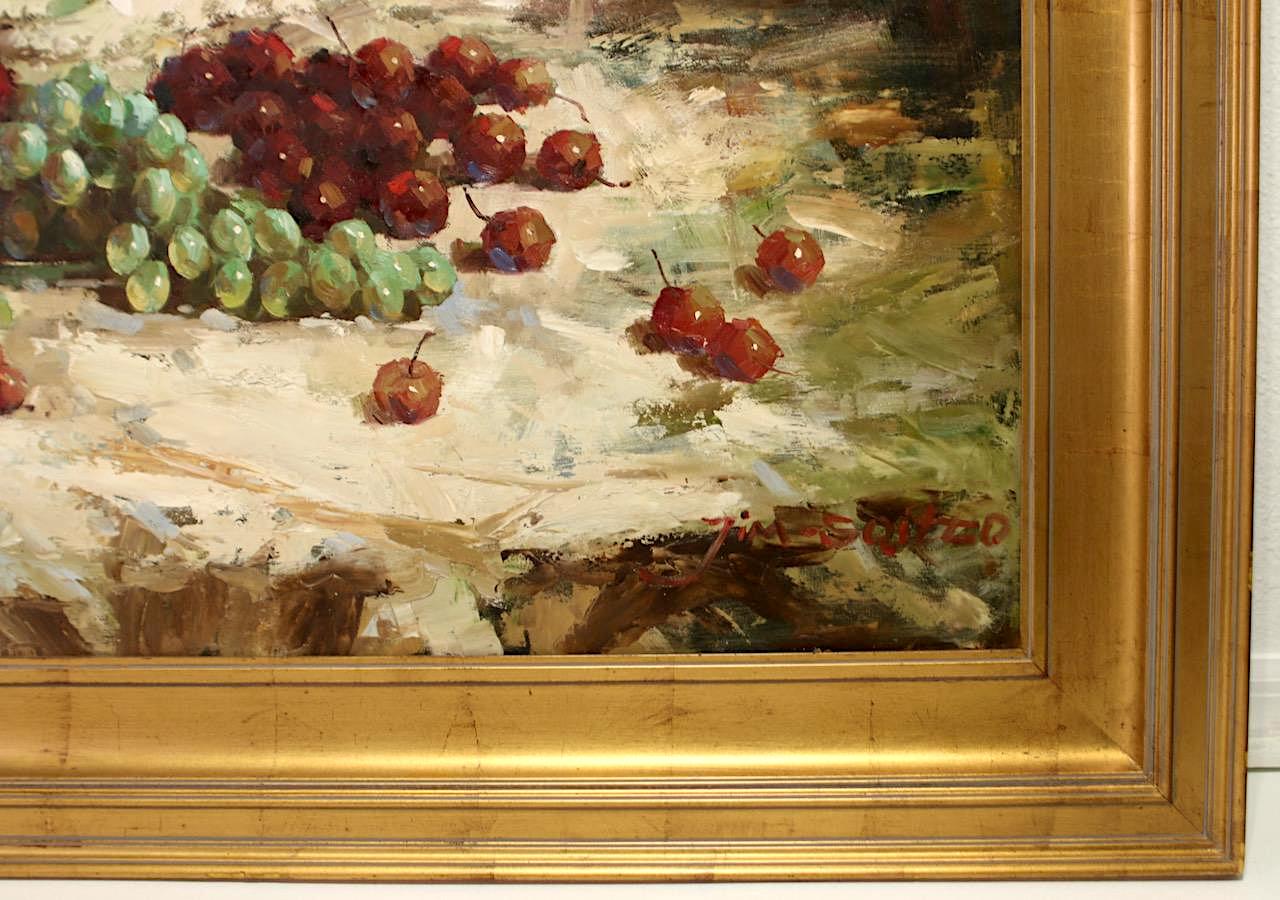 Large Vintage Original Oil on Canvas Still Life Painting of Flowers and Grapes, Signed