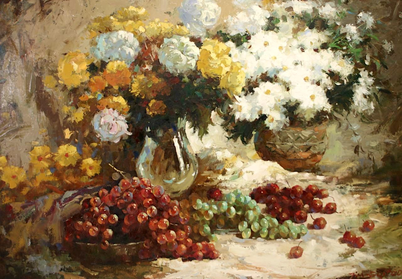 Large Vintage Original Oil on Canvas Still Life Painting of Flowers and Grapes, Signed