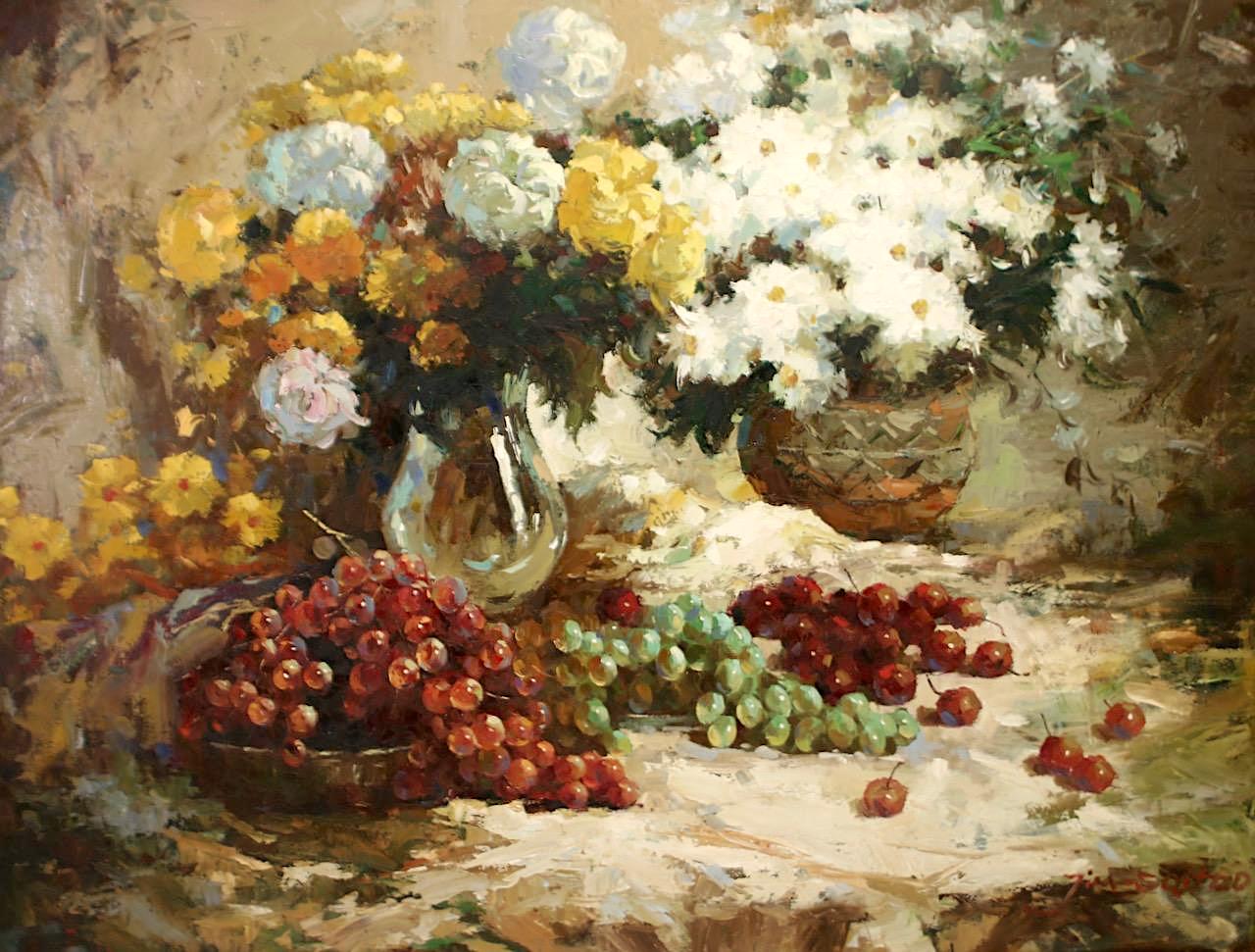 Large Vintage Original Oil on Canvas Still Life Painting of Flowers and Grapes, Signed