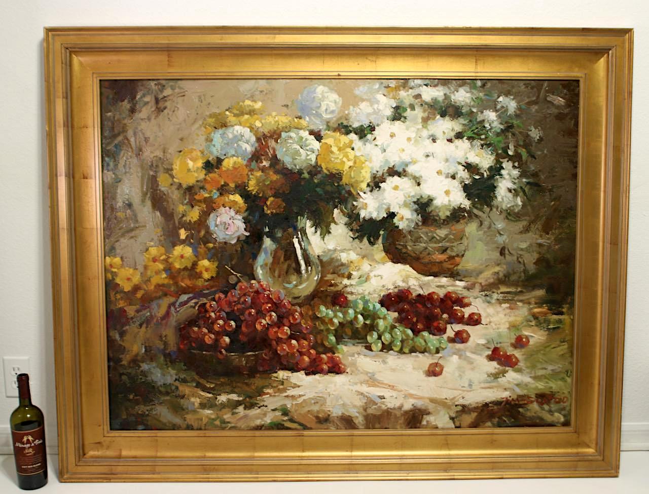 Large Vintage Original Oil on Canvas Still Life Painting of Flowers and Grapes, Signed