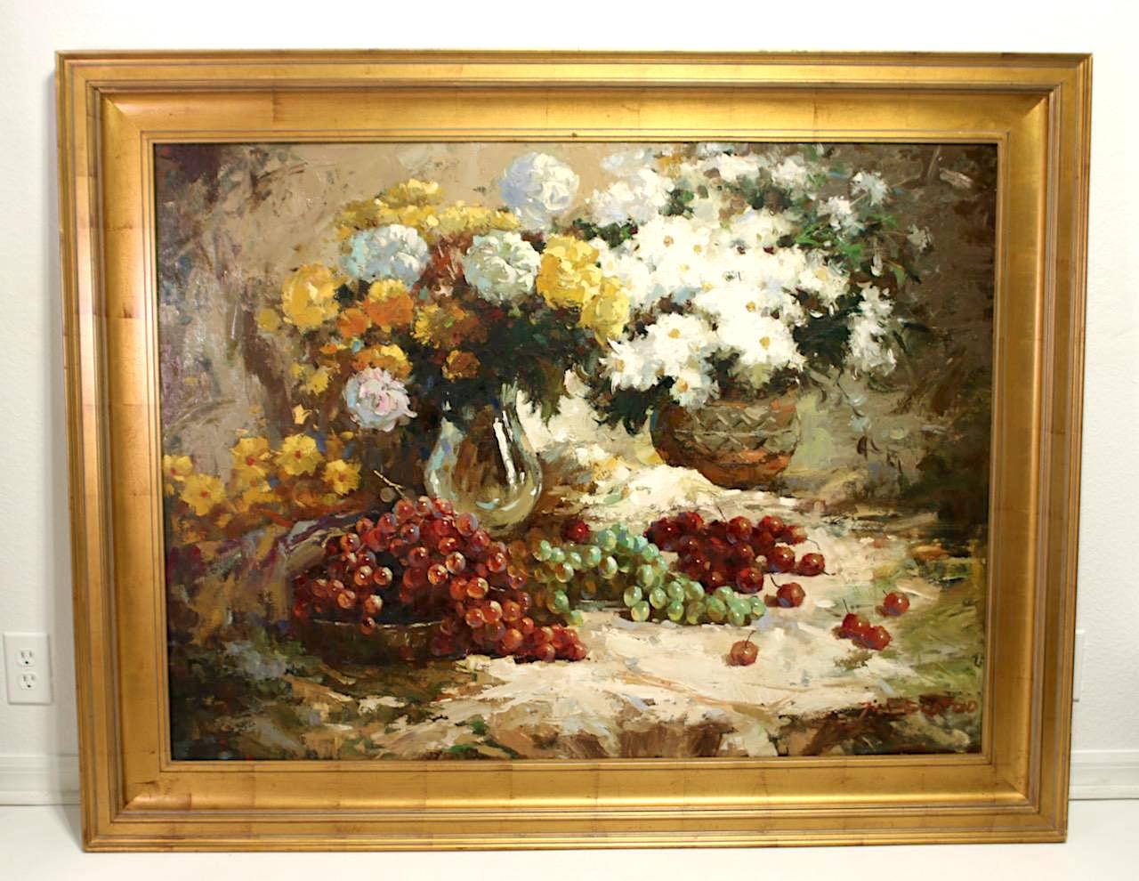 Large Vintage Original Oil on Canvas Still Life Painting of Flowers and Grapes, Signed