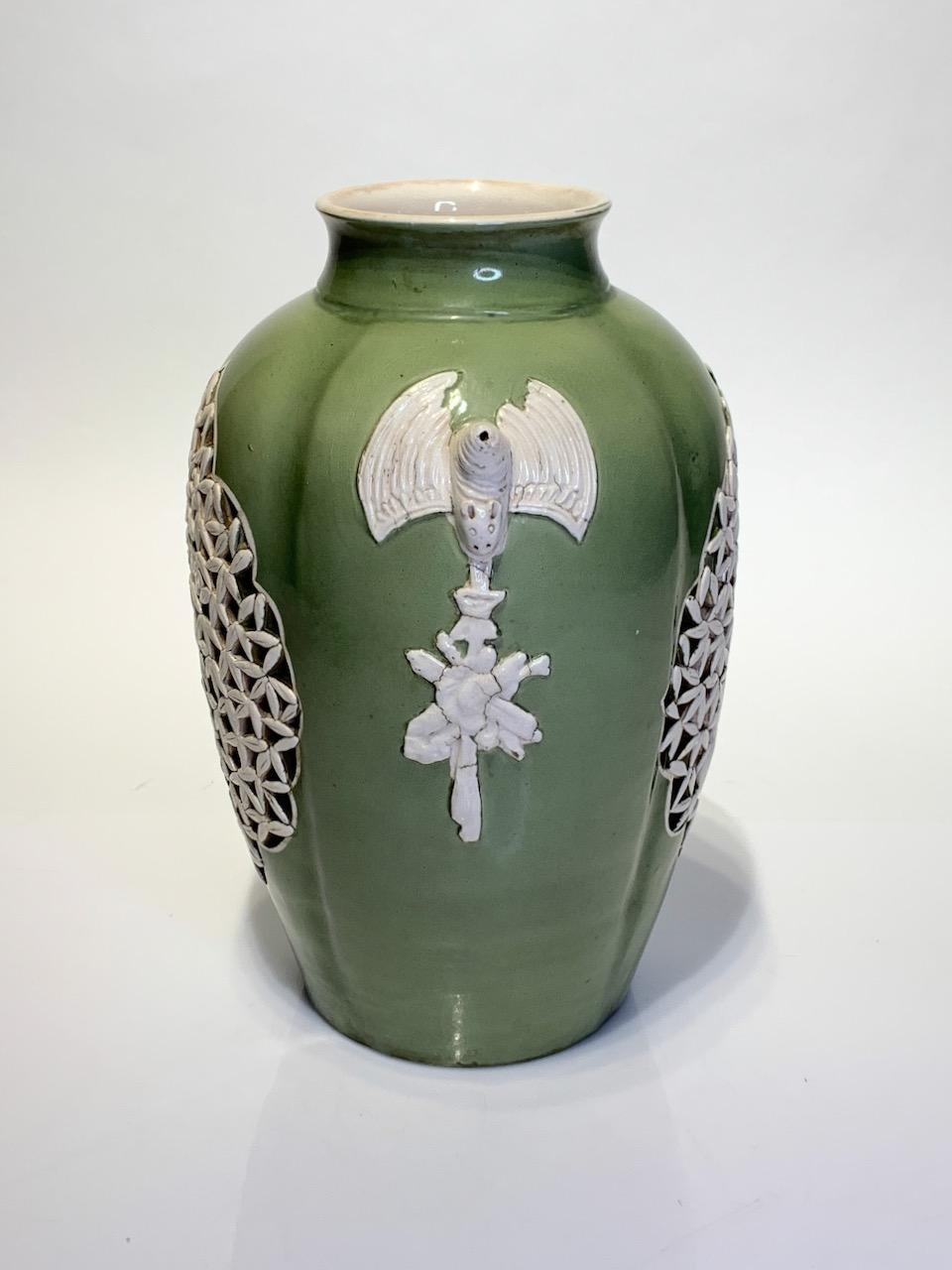 1930's Chinese Republic Period Green & Cream Glazed Vase, Reticulated Prunus Design