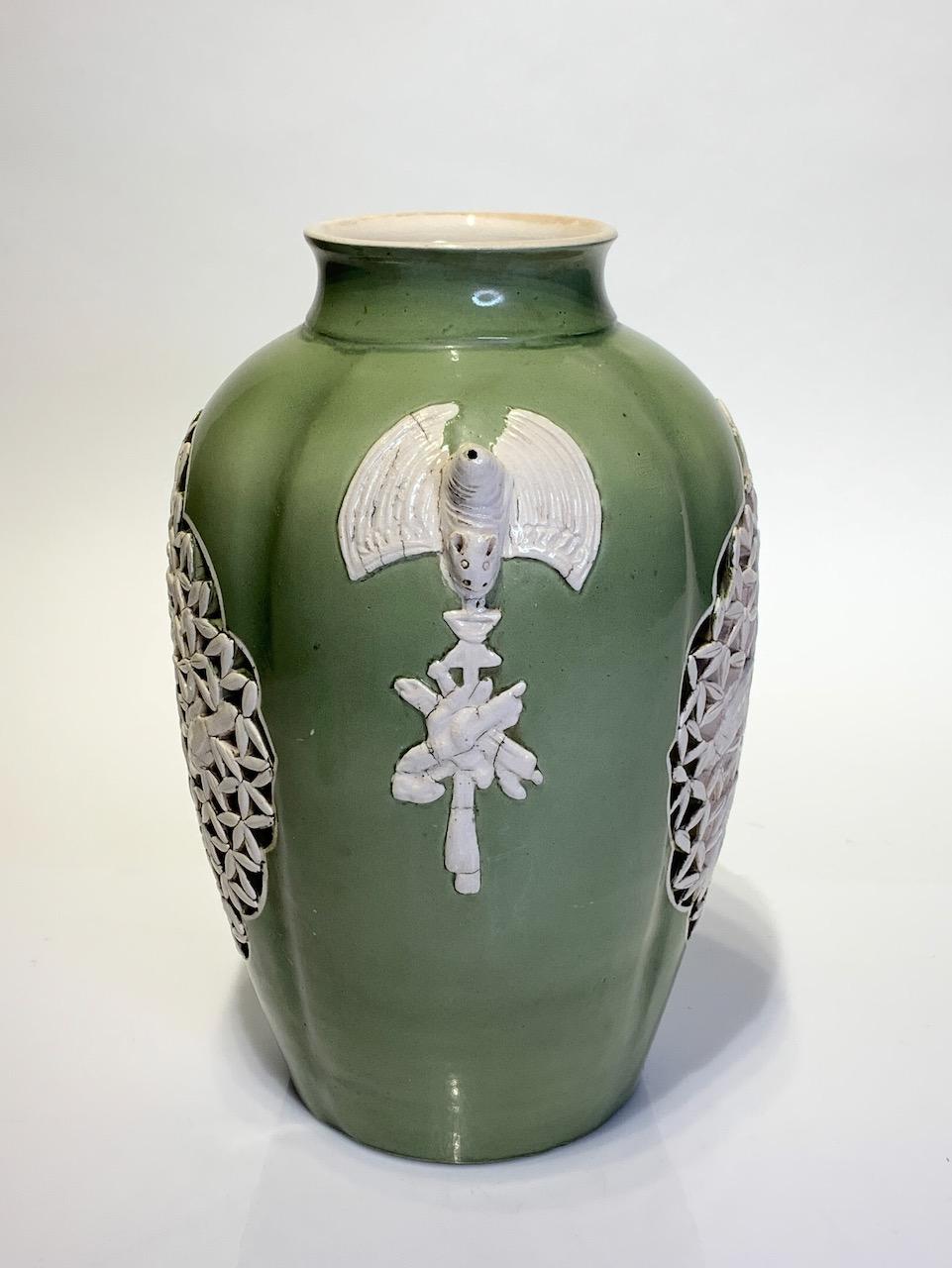 1930's Chinese Republic Period Green & Cream Glazed Vase, Reticulated Prunus Design