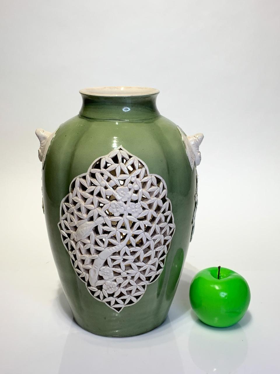 1930's Chinese Republic Period Green & Cream Glazed Vase, Reticulated Prunus Design