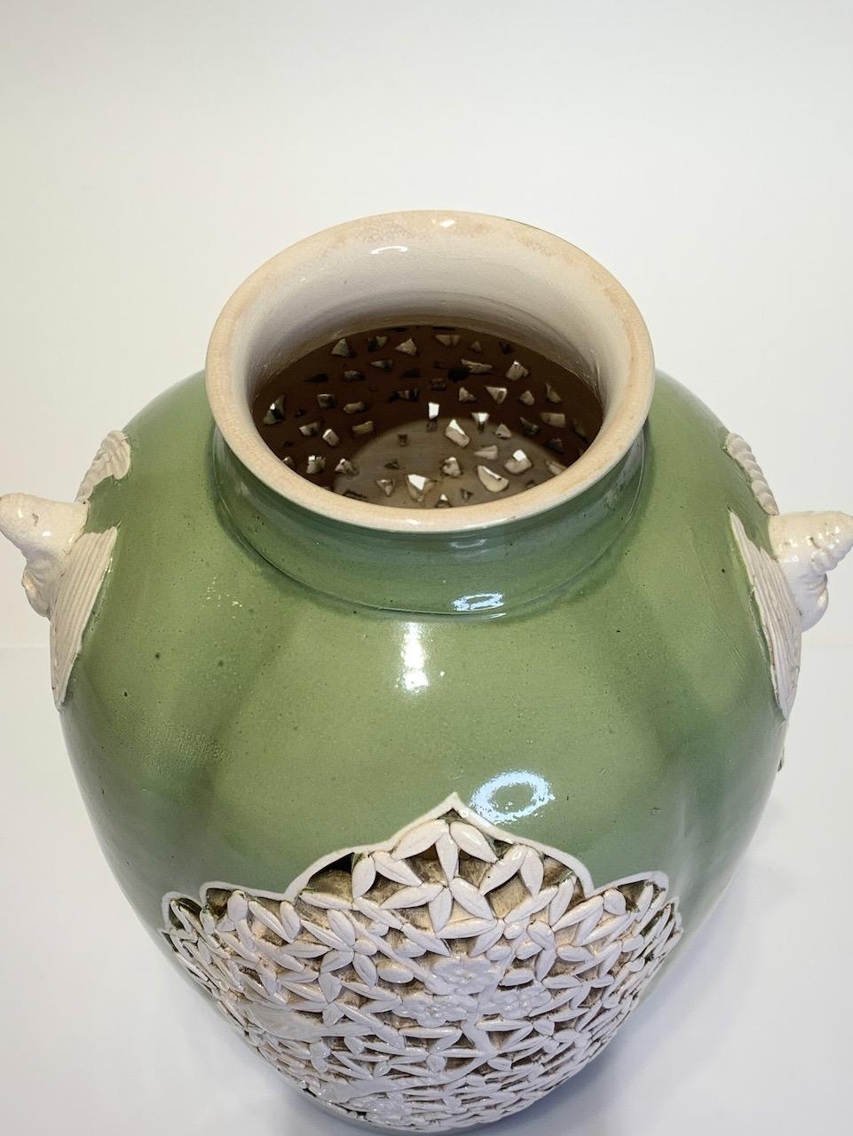 1930's Chinese Republic Period Green & Cream Glazed Vase, Reticulated Prunus Design