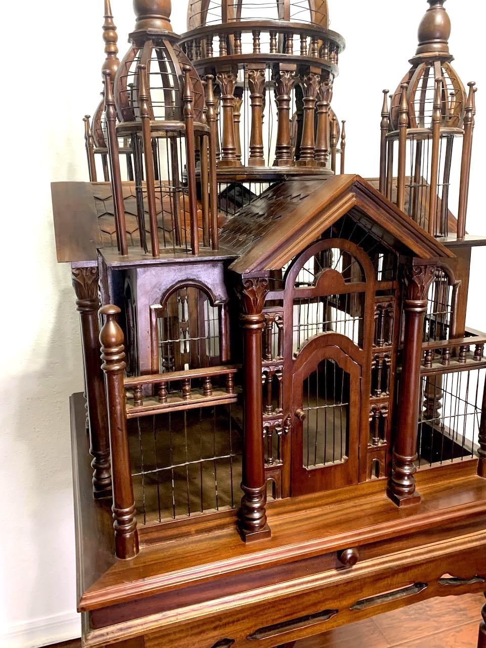 Monumental Vintage Architectural Mahogany Birdcage on Table Stand