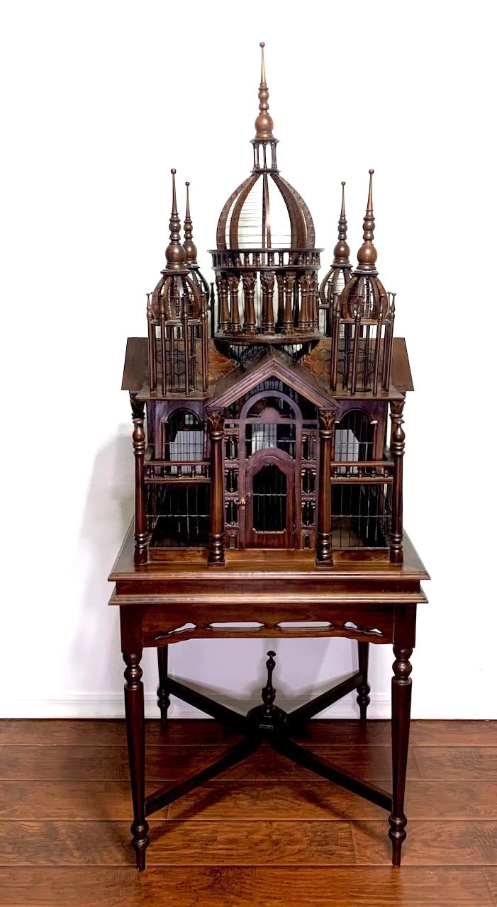 Monumental Vintage Architectural Mahogany Birdcage on Table Stand