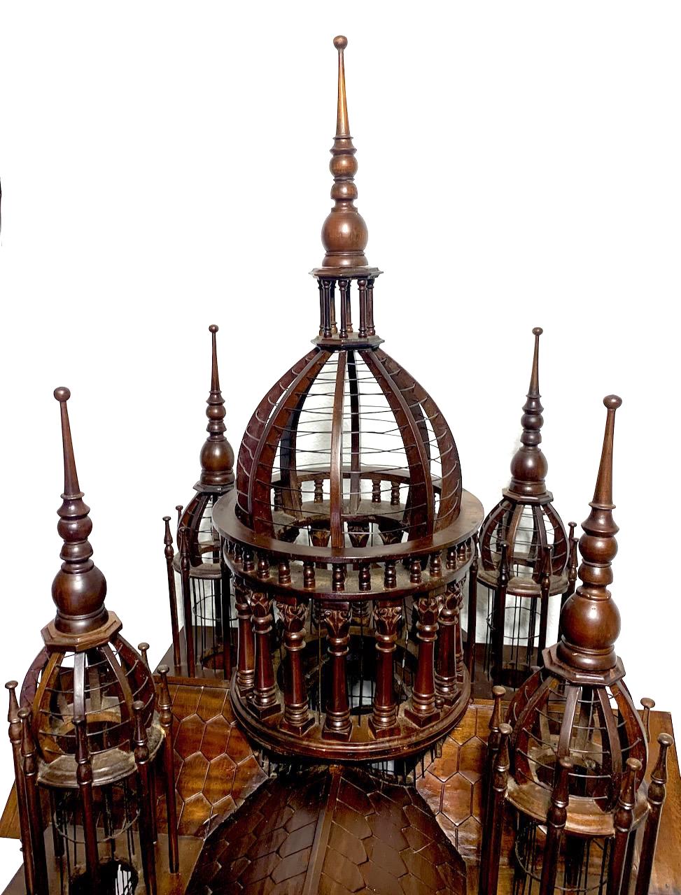 Monumental Vintage Architectural Mahogany Birdcage on Table Stand