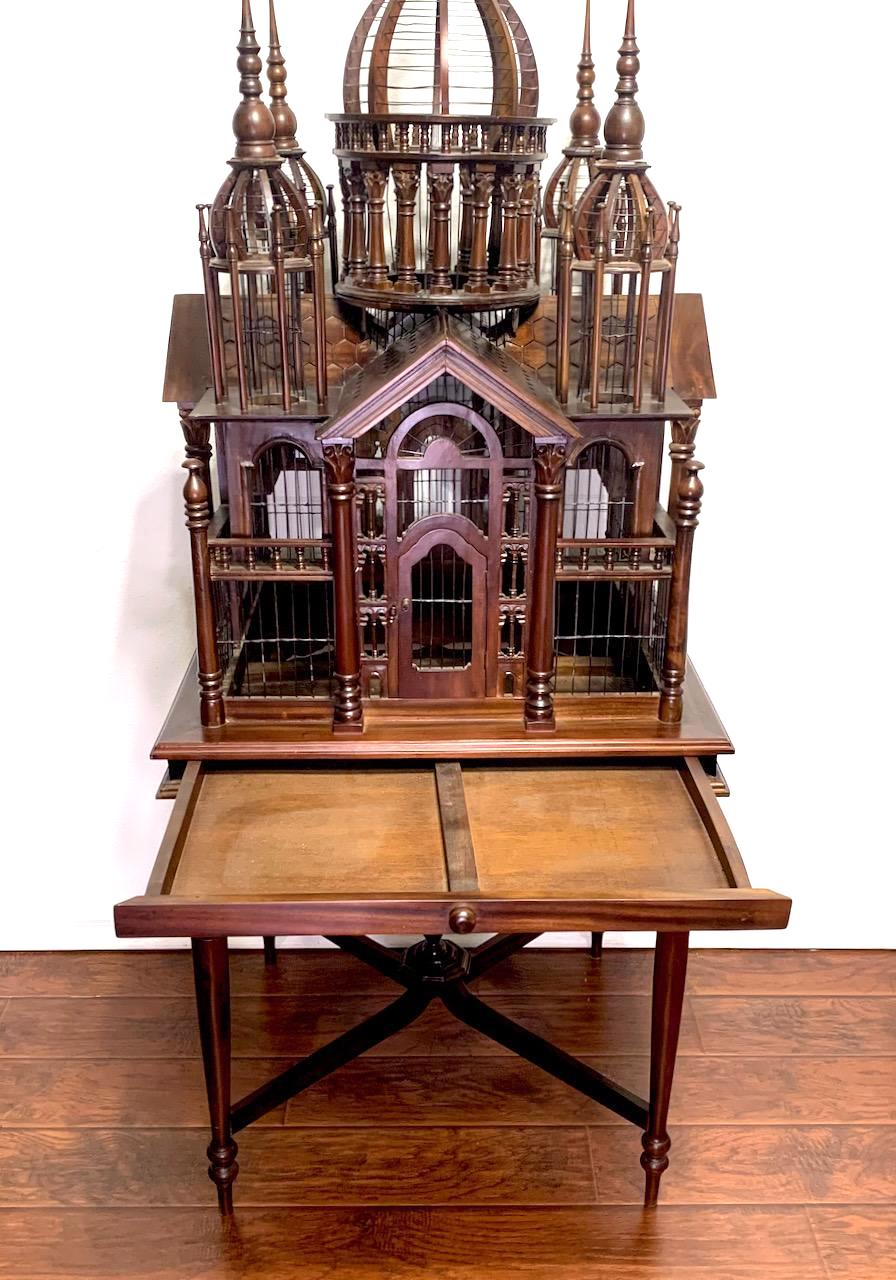 Monumental Vintage Architectural Mahogany Birdcage on Table Stand