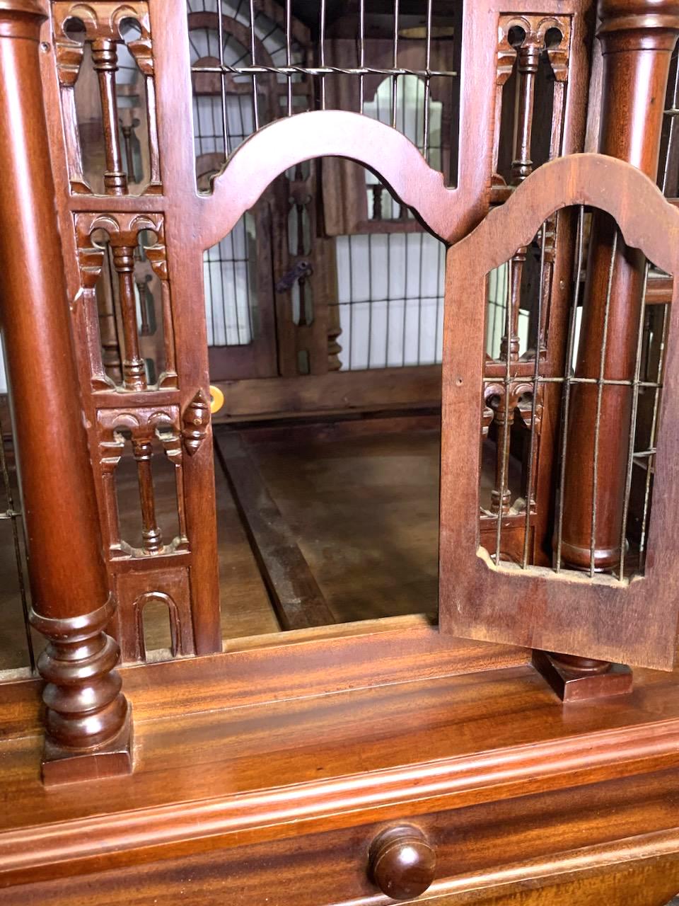 Monumental Vintage Architectural Mahogany Birdcage on Table Stand