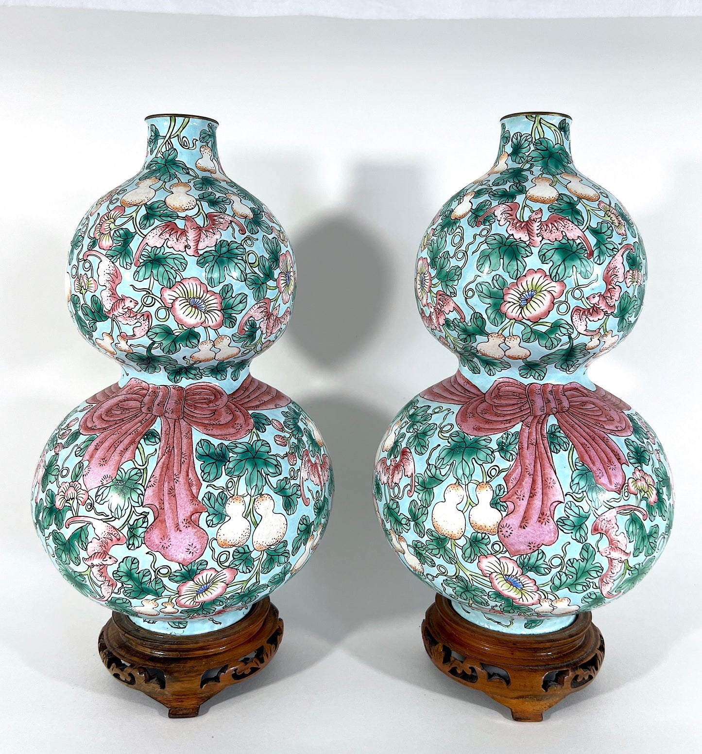 Rare Opposing Enamelled 'Huluping' Chinese Double Gourd Pink and Blue Vases With Stands - a Pair