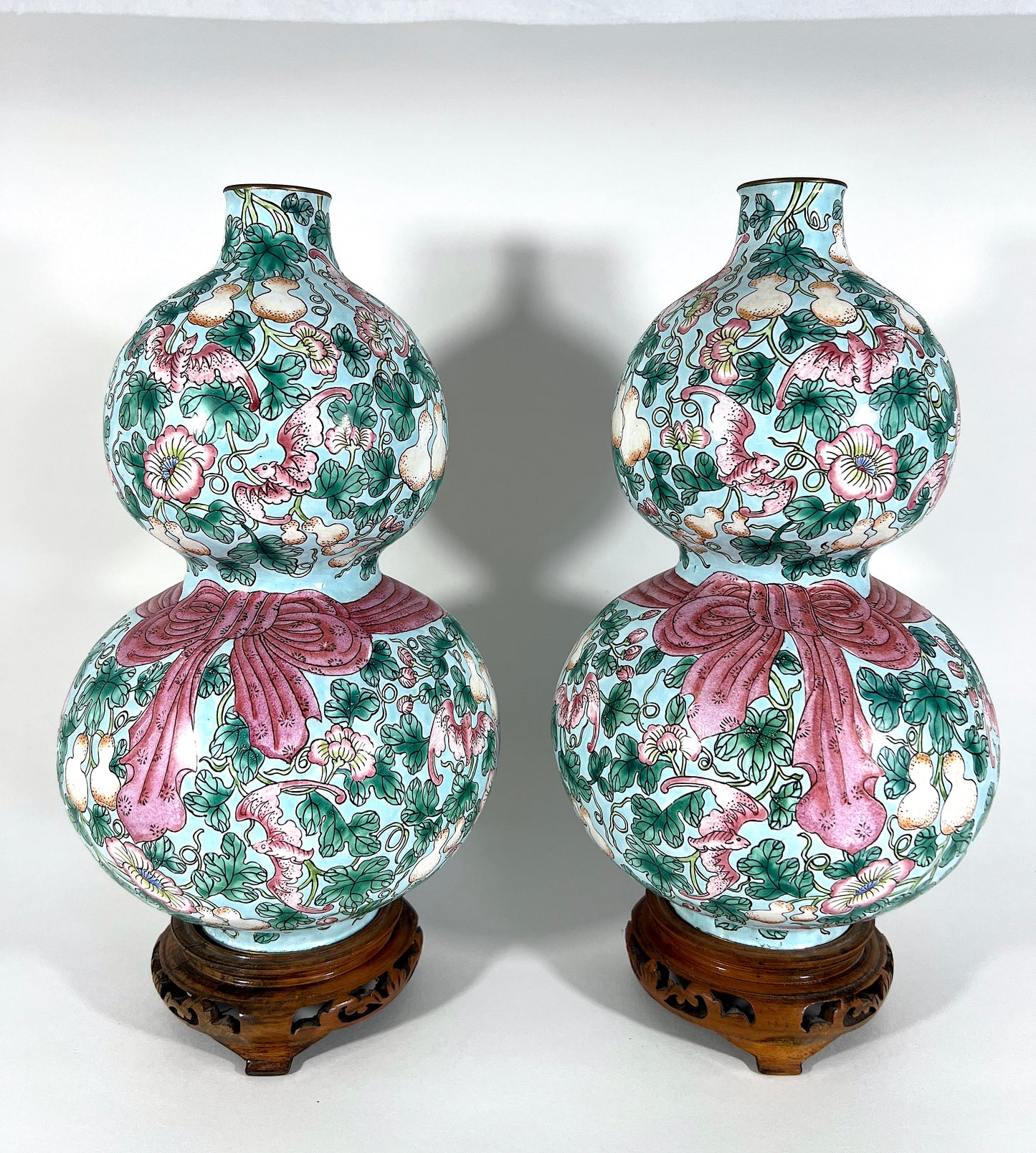 Rare Opposing Enamelled 'Huluping' Chinese Double Gourd Pink and Blue Vases With Stands - a Pair