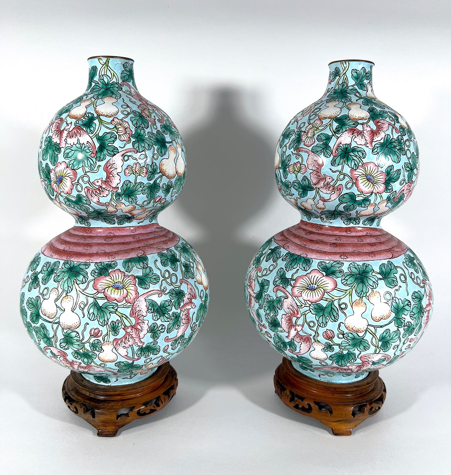 Rare Opposing Enamelled 'Huluping' Chinese Double Gourd Pink and Blue Vases With Stands - a Pair