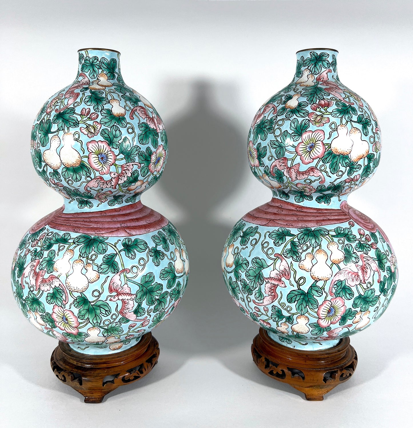 Rare Opposing Enamelled 'Huluping' Chinese Double Gourd Pink and Blue Vases With Stands - a Pair