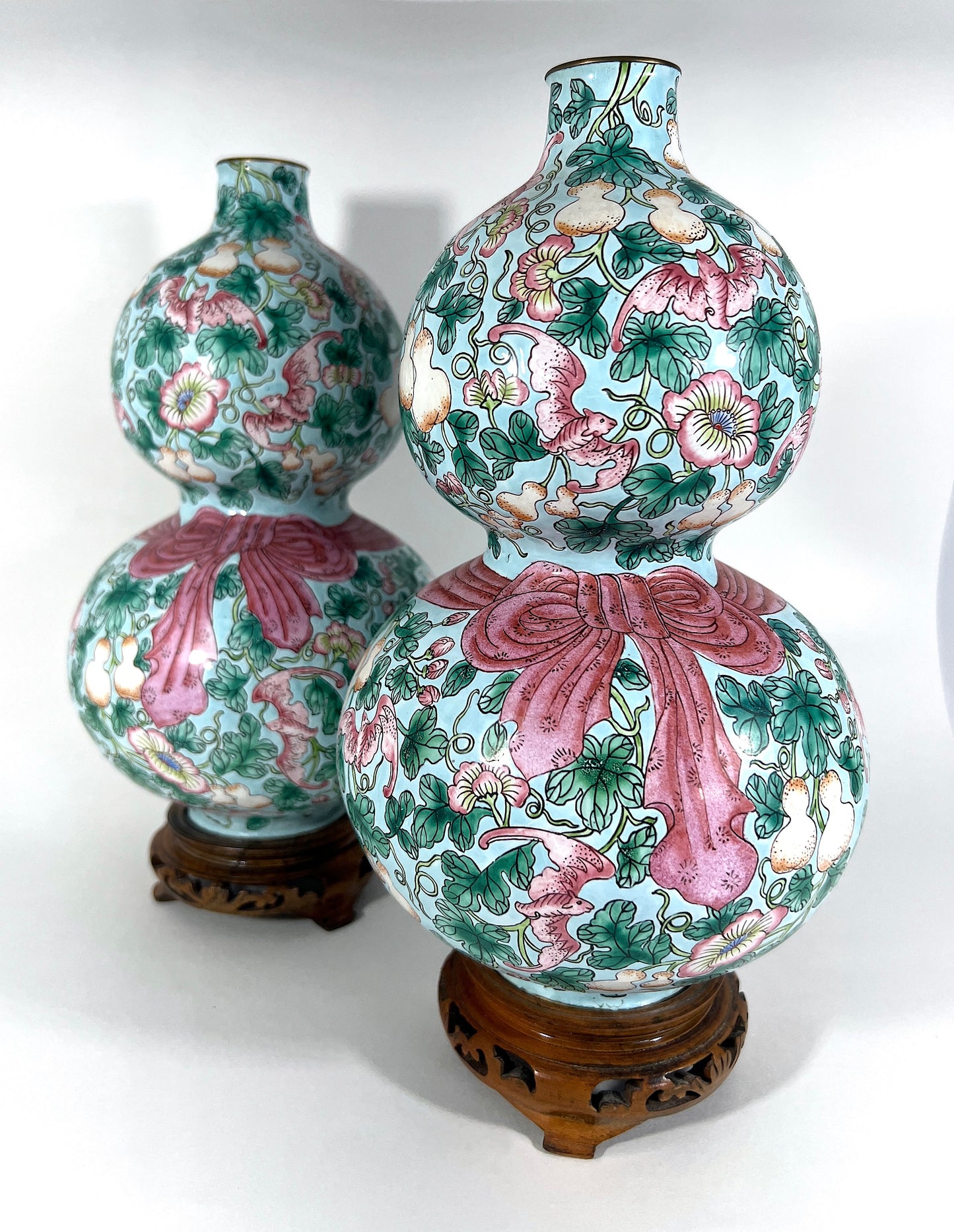 Rare Opposing Enamelled 'Huluping' Chinese Double Gourd Pink and Blue Vases With Stands - a Pair