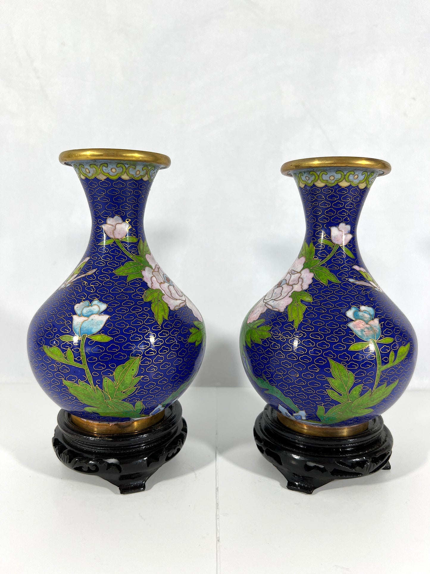 1980's Chinese Pink Peony and Cherry Blossom Blue Cloisonné Vases, a Pair, Boxed