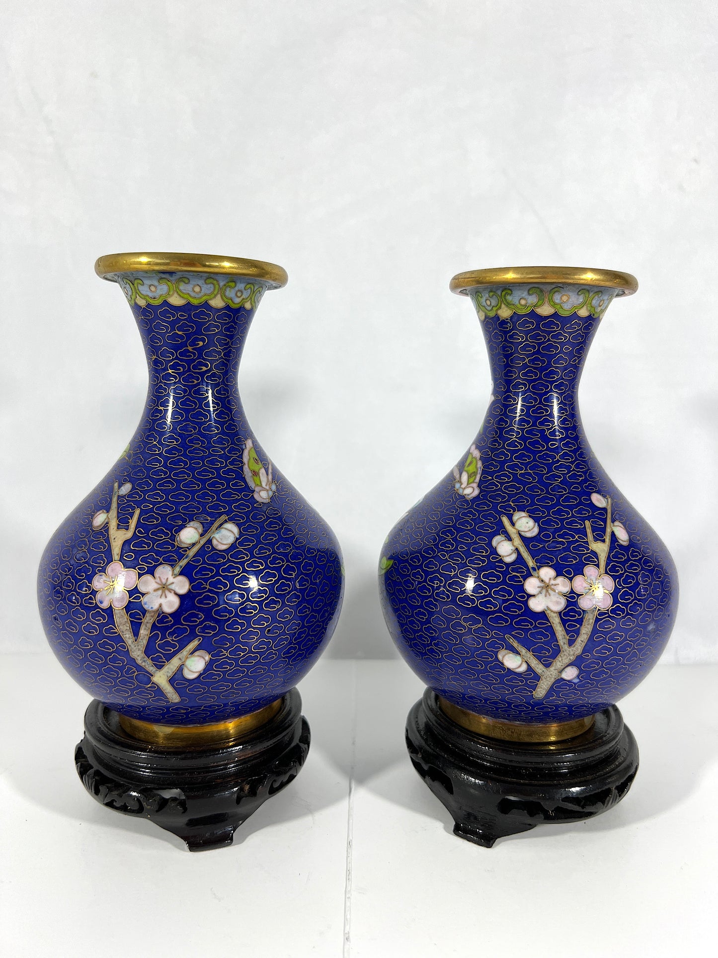 1980's Chinese Pink Peony and Cherry Blossom Blue Cloisonné Vases, a Pair, Boxed