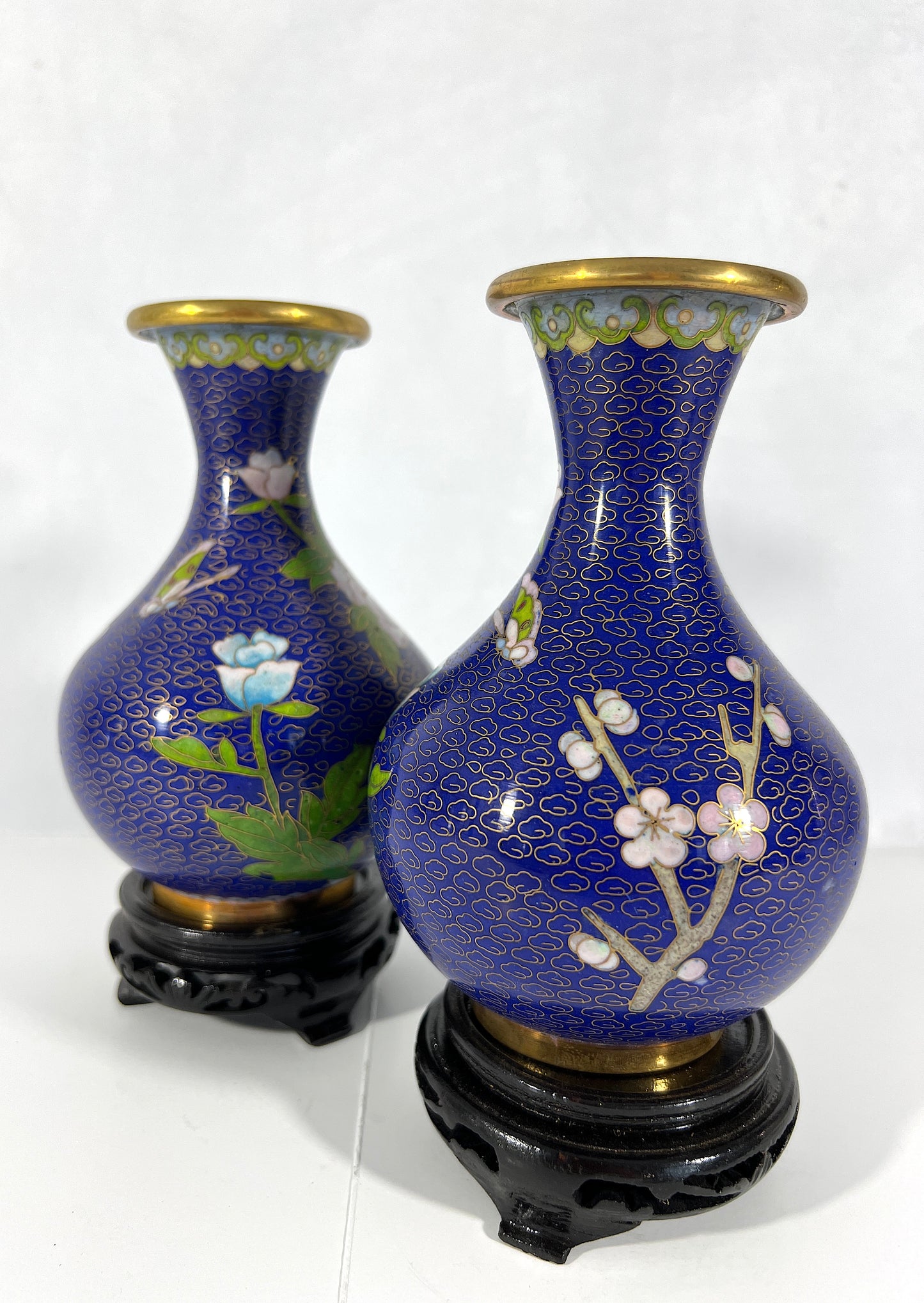 1980's Chinese Pink Peony and Cherry Blossom Blue Cloisonné Vases, a Pair, Boxed