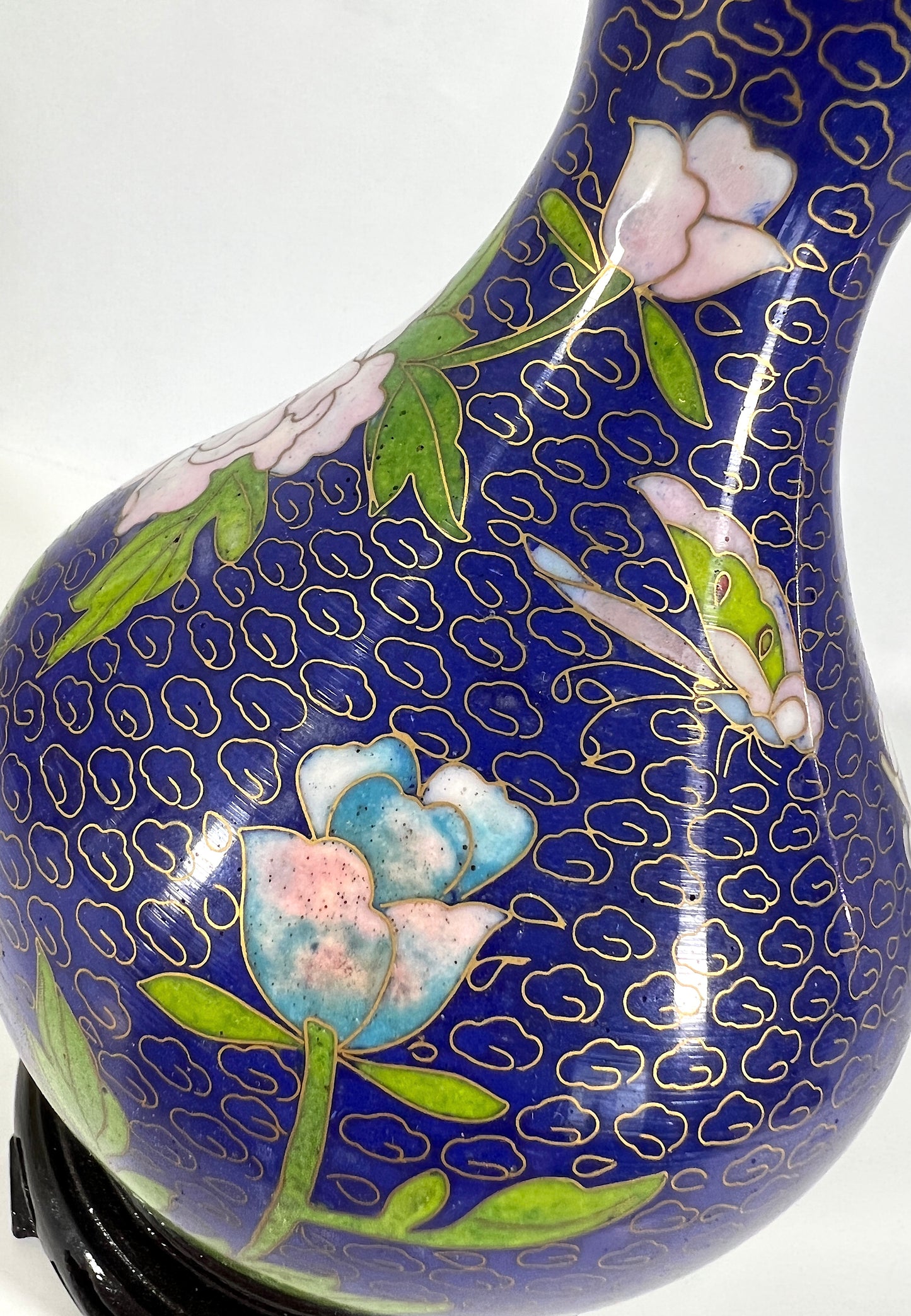 1980's Chinese Pink Peony and Cherry Blossom Blue Cloisonné Vases, a Pair, Boxed