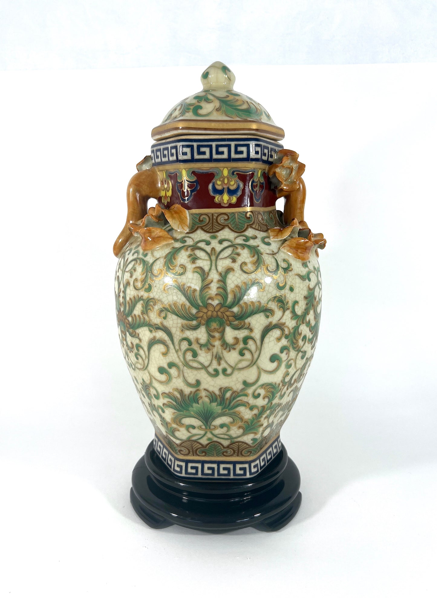 Vintage Crackle Glaze Beige Qianlong Lidded Vase or Urn with Applied Flowers and Gilt Work, Signed