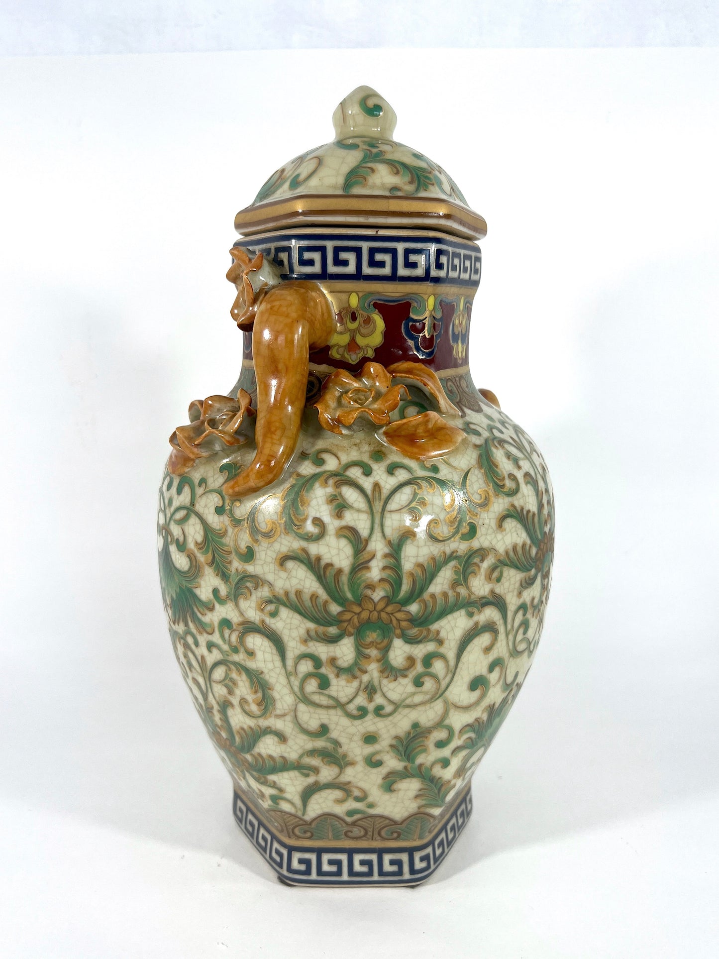 Vintage Crackle Glaze Beige Qianlong Lidded Vase or Urn with Applied Flowers and Gilt Work, Signed