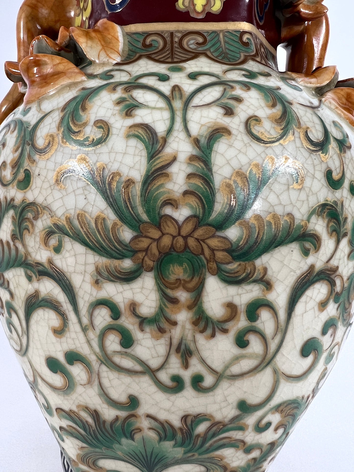 Vintage Crackle Glaze Beige Qianlong Lidded Vase or Urn with Applied Flowers and Gilt Work, Signed