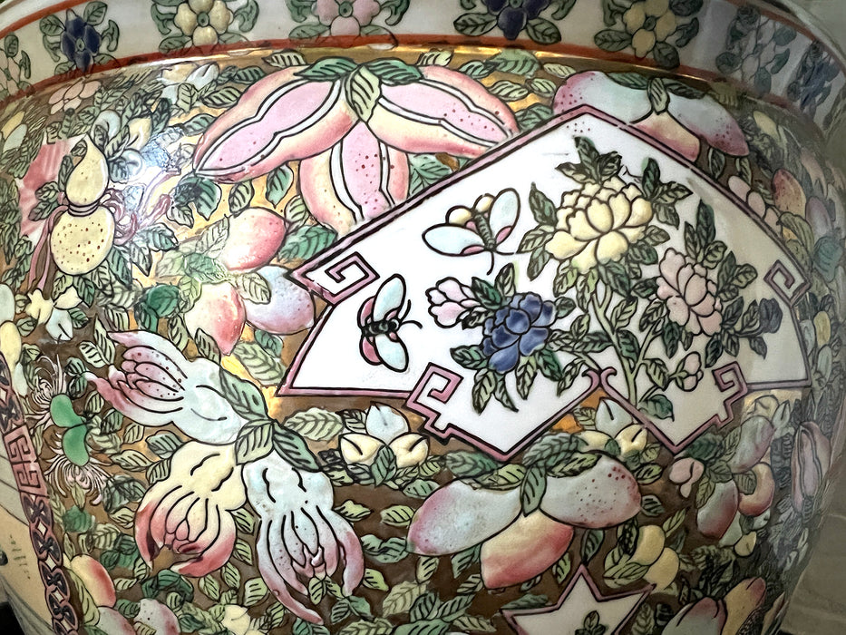 Pink Asian Chinoiserie Ceramic Goldfish Bowl Planter Jardiniere