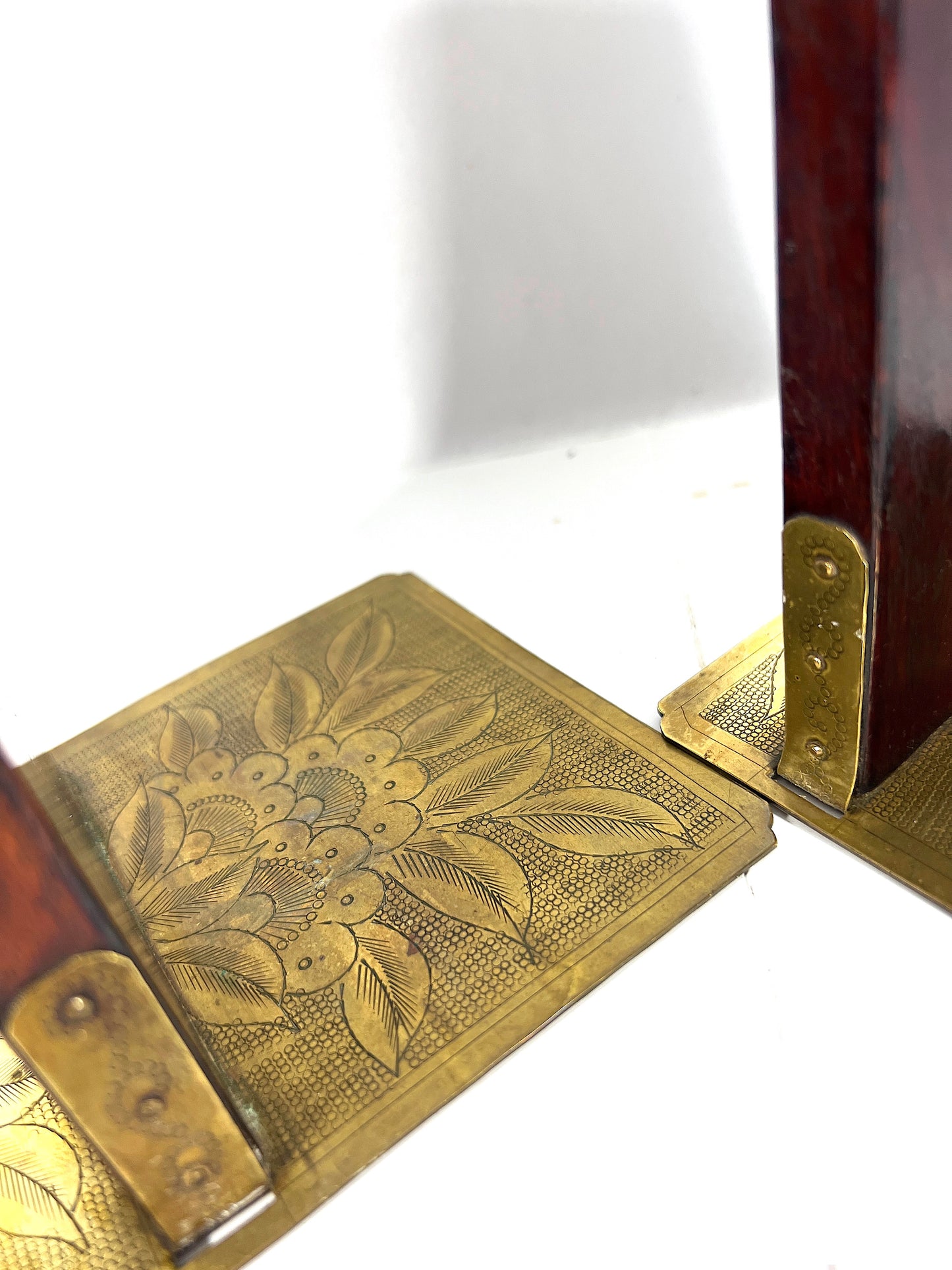 Mid Century Chinese Rosewood and Green Jade Pheonix Bookends With Auspicious Brass Bats and Butterflies