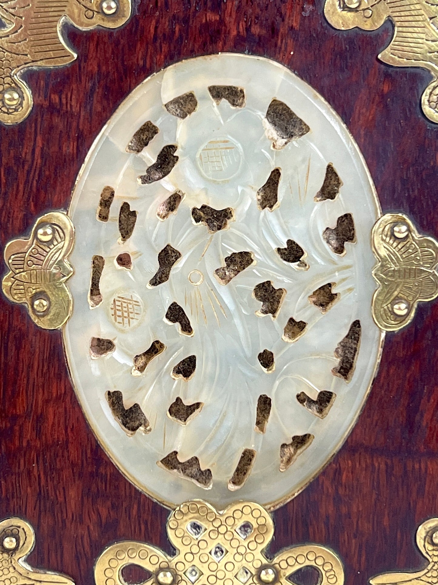 Mid Century Chinese Rosewood and Green Jade Pheonix Bookends With Auspicious Brass Bats and Butterflies