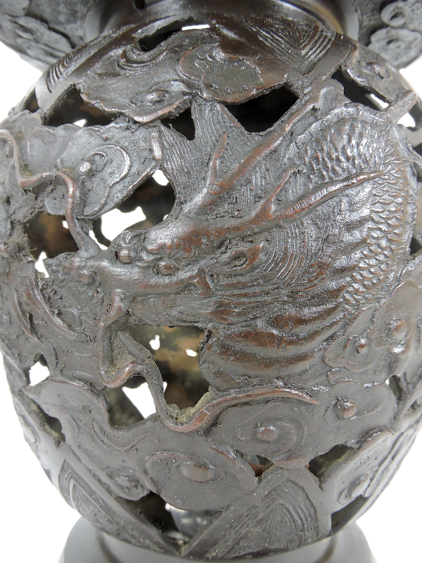 Old Japanese Bronze Reticulated Censer / Candle Lamp With Dragons and Clouds, Lantern