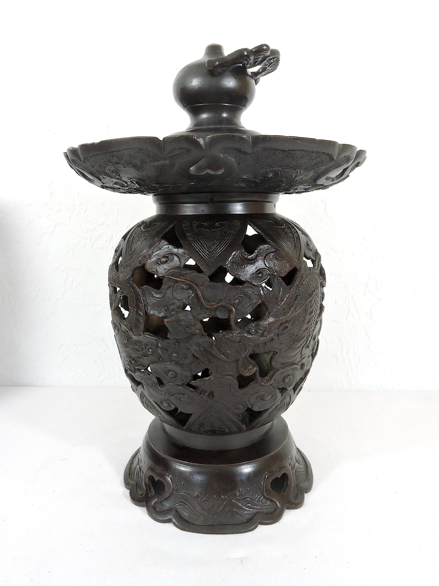 Old Japanese Bronze Reticulated Censer / Candle Lamp With Dragons and Clouds, Lantern