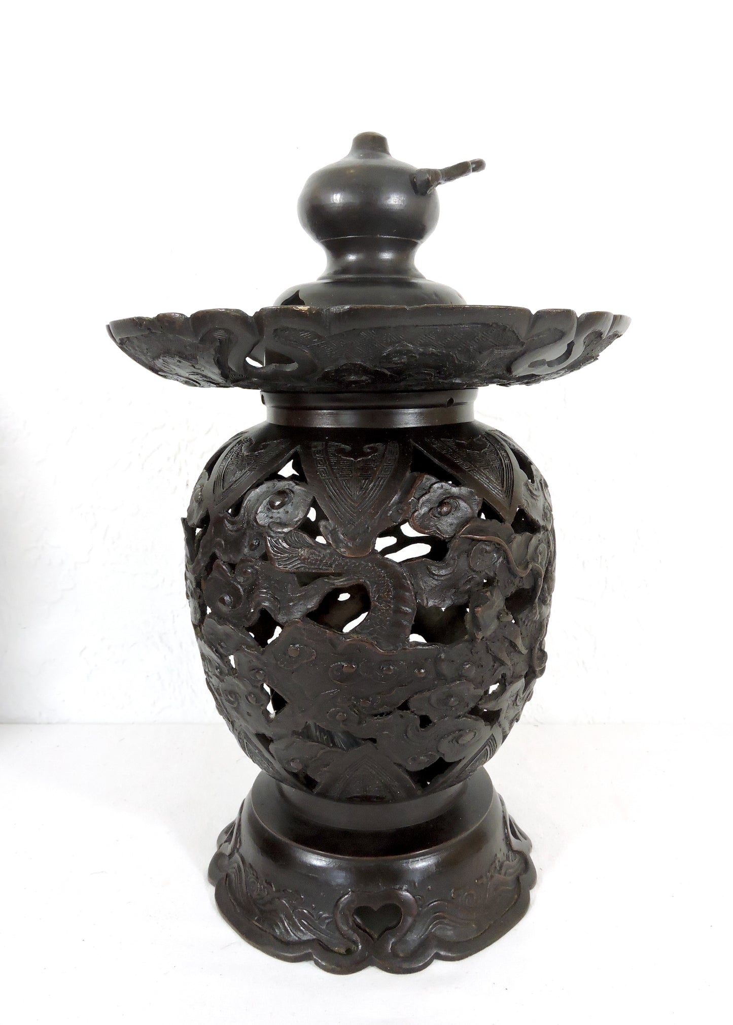 Old Japanese Bronze Reticulated Censer / Candle Lamp With Dragons and Clouds, Lantern