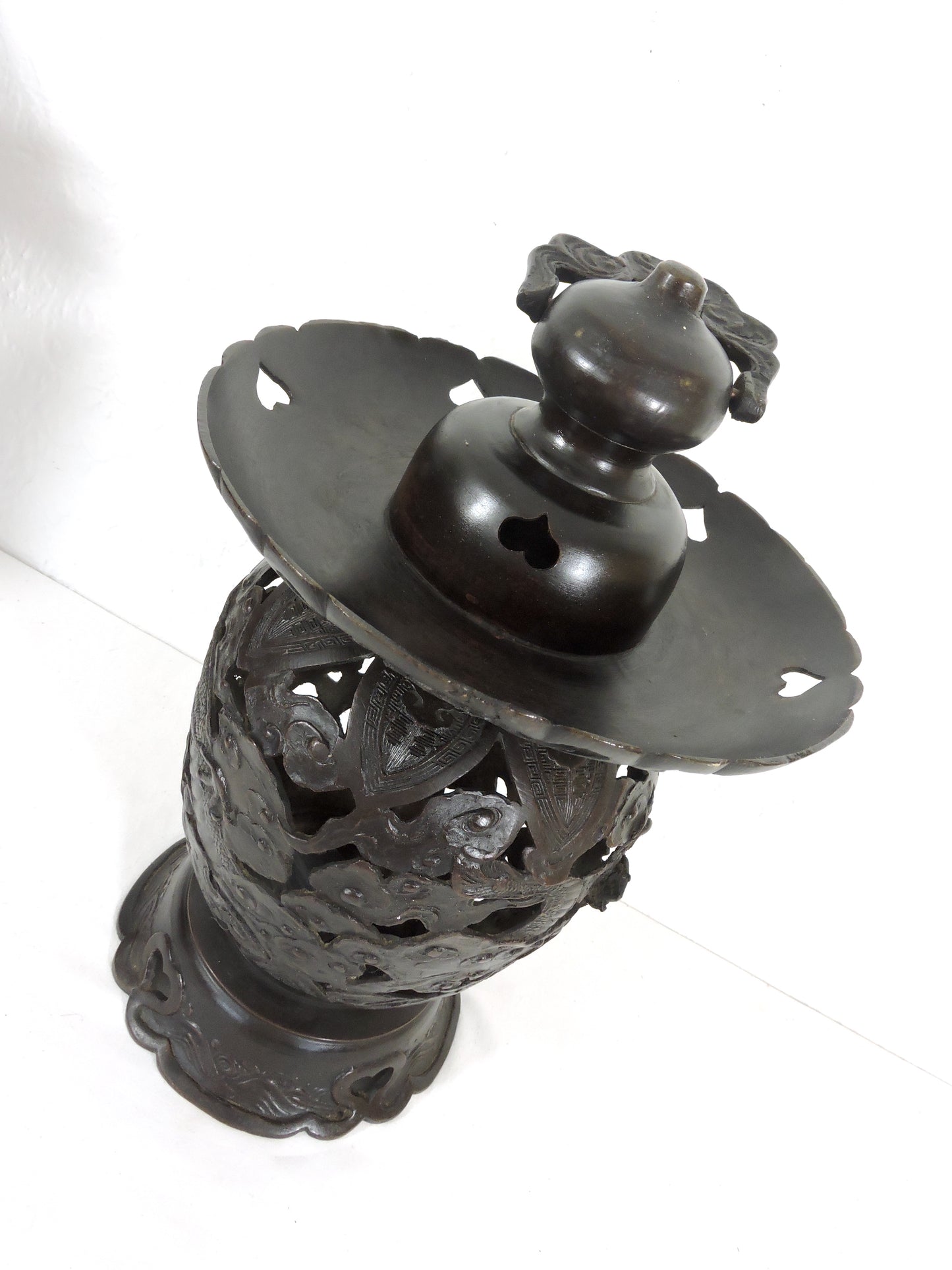 Old Japanese Bronze Reticulated Censer / Candle Lamp With Dragons and Clouds, Lantern