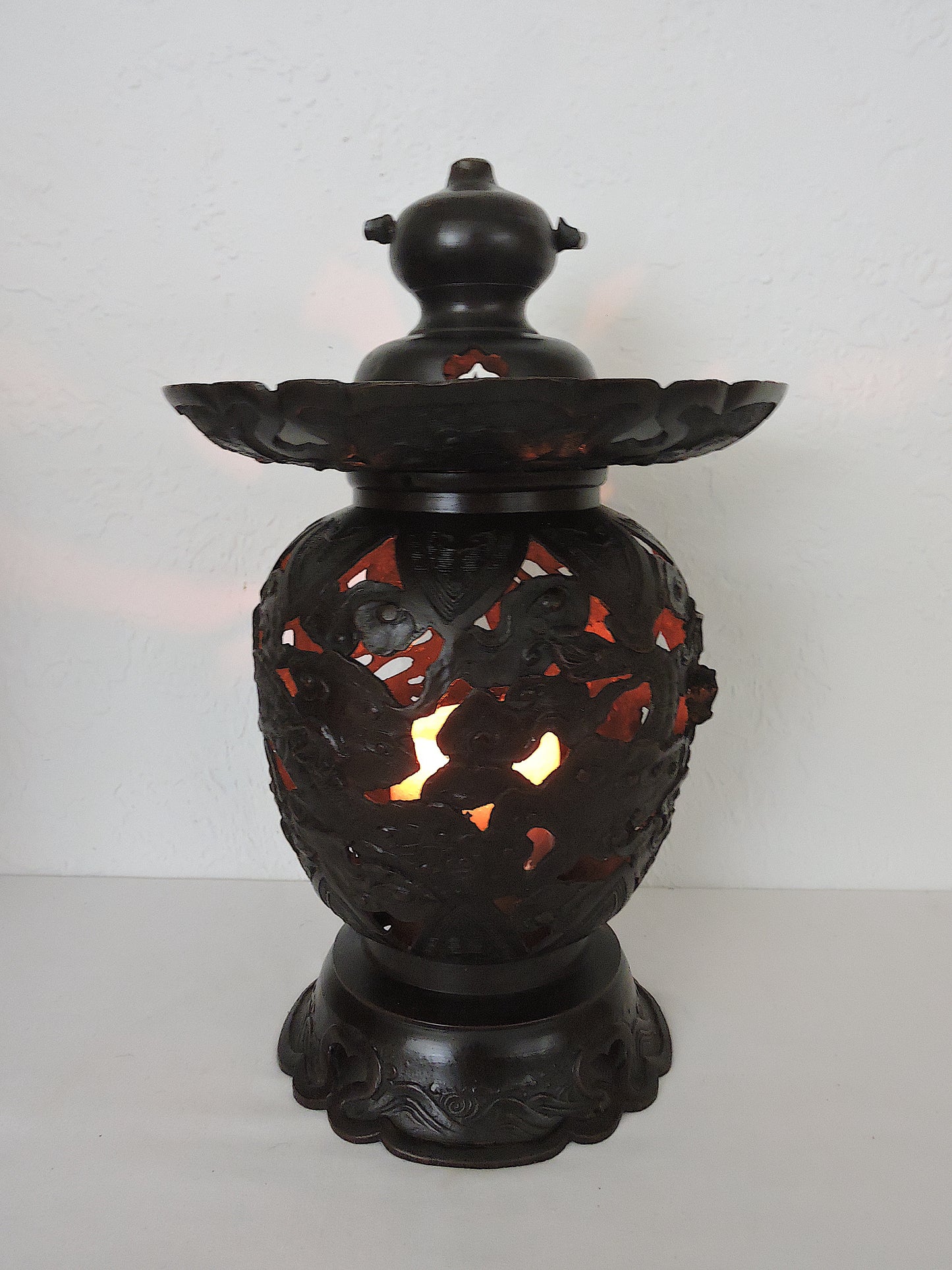 Old Japanese Bronze Reticulated Censer / Candle Lamp With Dragons and Clouds, Lantern