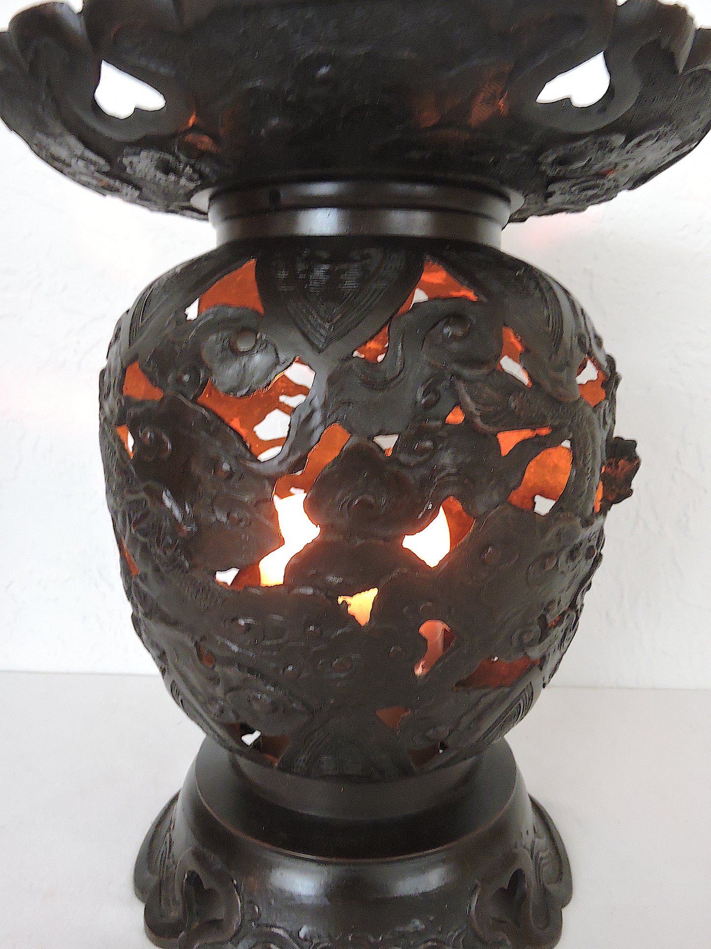 Old Japanese Bronze Reticulated Censer / Candle Lamp With Dragons and Clouds, Lantern