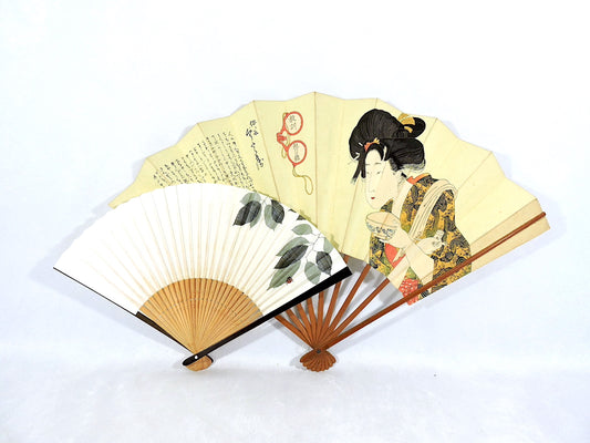 Vintage Japanese Geisha and Ladybug Bamboo & Paper Fans, a Pair