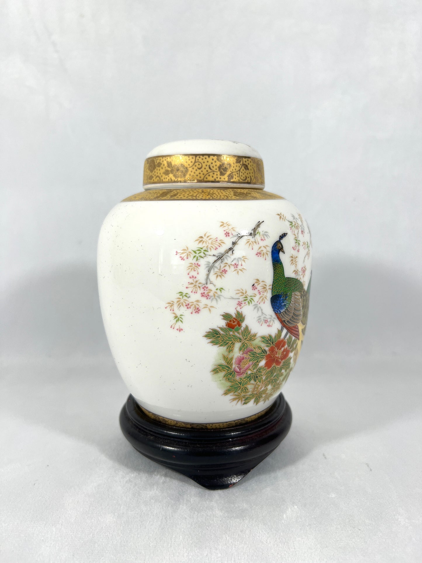 Vintage Japanese White Porcelain Gold Banded Ginger Jar With Peacocks & Cherry Blossoms