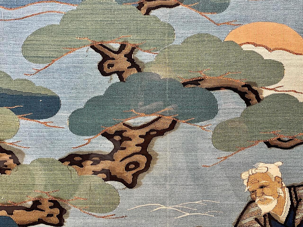 Japanese Meiji Period Embroidered Blue Silk Framed Fukusa Tapestry - the Takasago Legend, Late 19th. Century