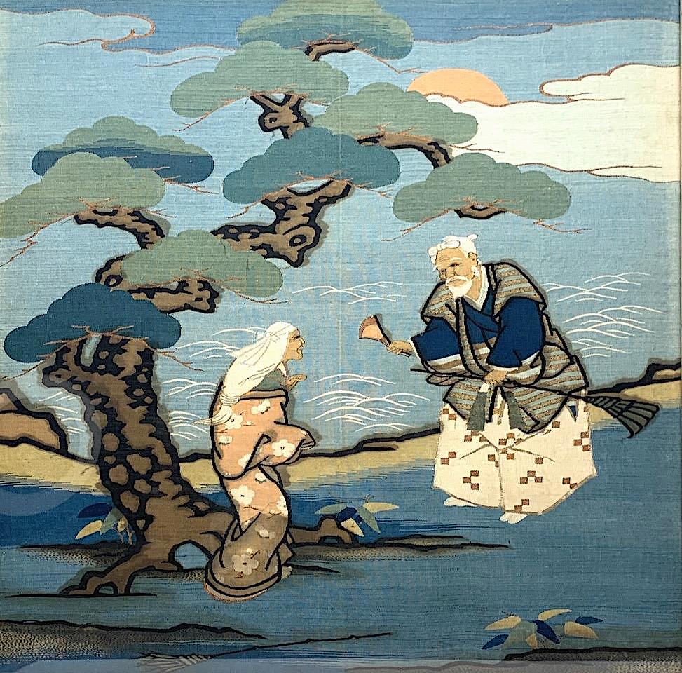 Japanese Meiji Period Embroidered Blue Silk Framed Fukusa Tapestry - the Takasago Legend, Late 19th. Century