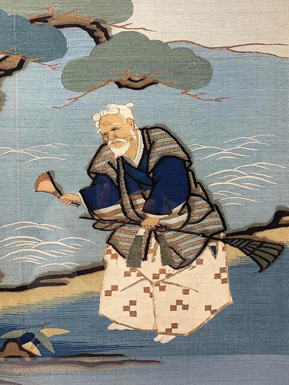 Japanese Meiji Period Embroidered Blue Silk Framed Fukusa Tapestry - the Takasago Legend, Late 19th. Century