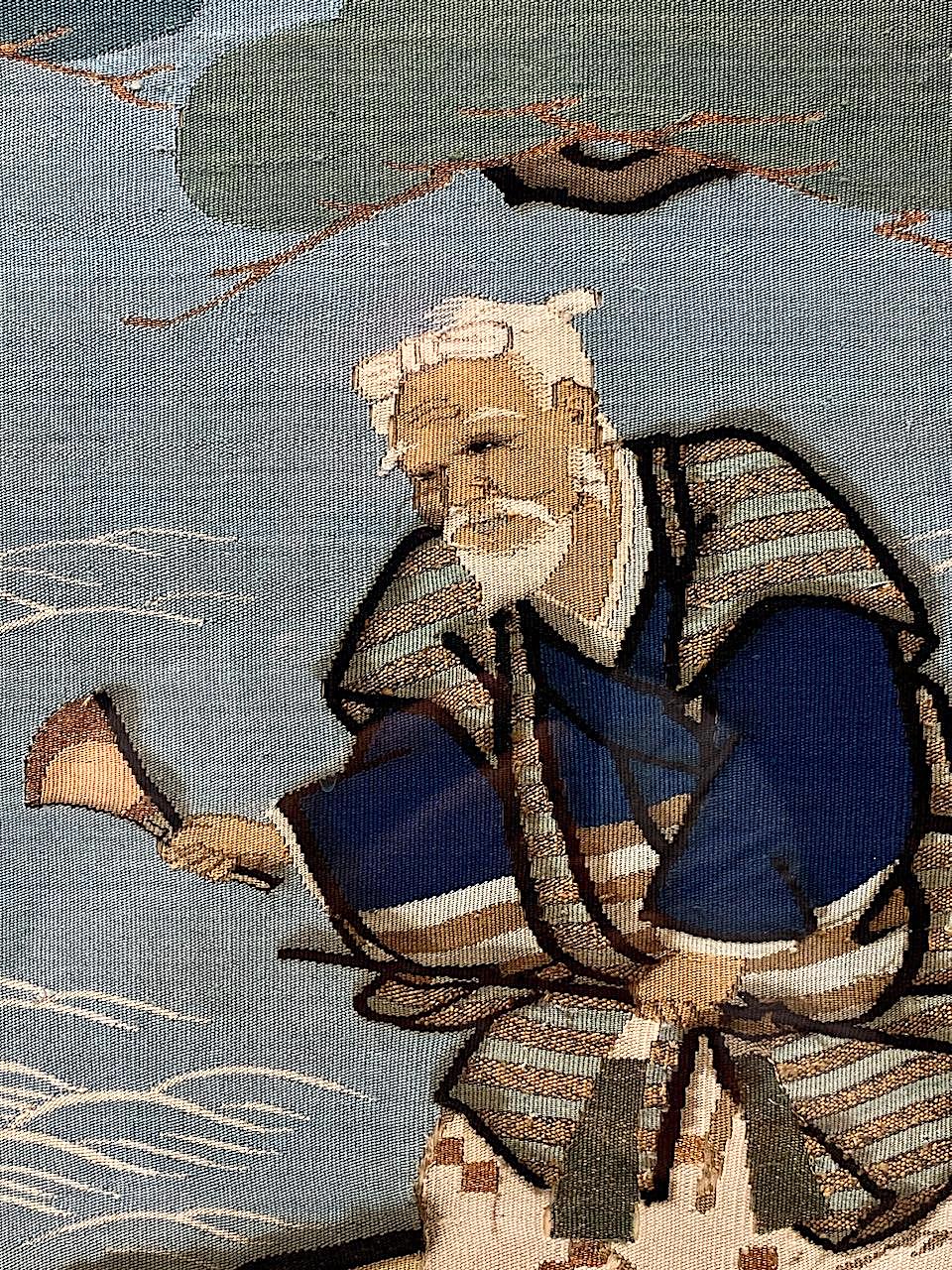 Japanese Meiji Period Embroidered Blue Silk Framed Fukusa Tapestry - the Takasago Legend, Late 19th. Century