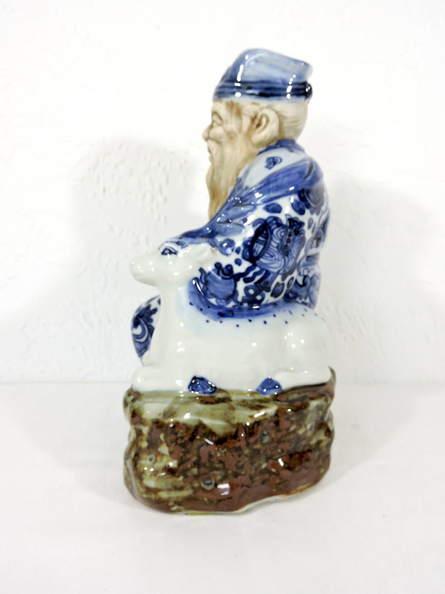 Signed Japanese Blue and White Kutani Porcelain Statue Figure of Sau, the Immortal With His Deer