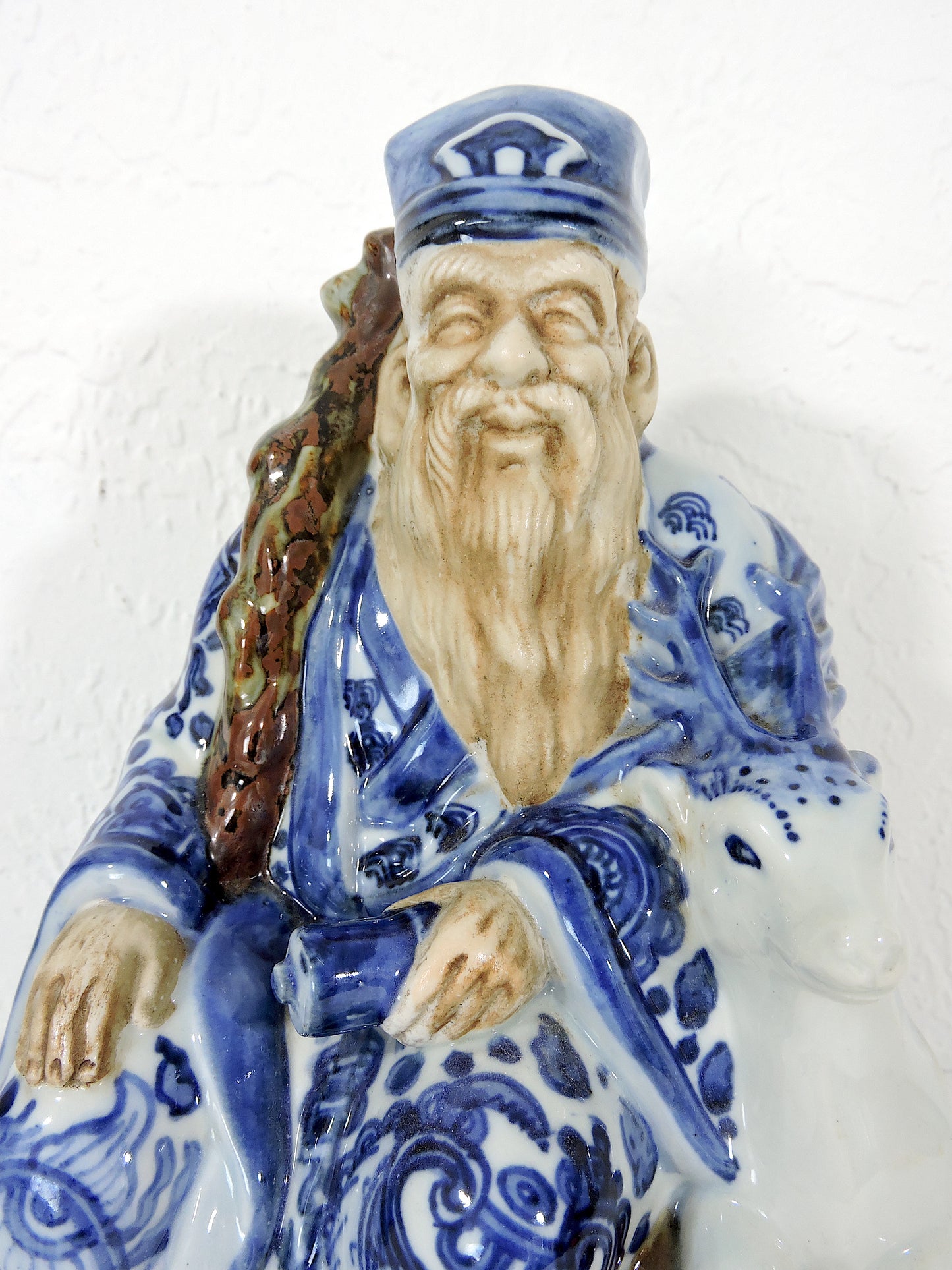 Signed Japanese Blue and White Kutani Porcelain Statue Figure of Sau, the Immortal With His Deer