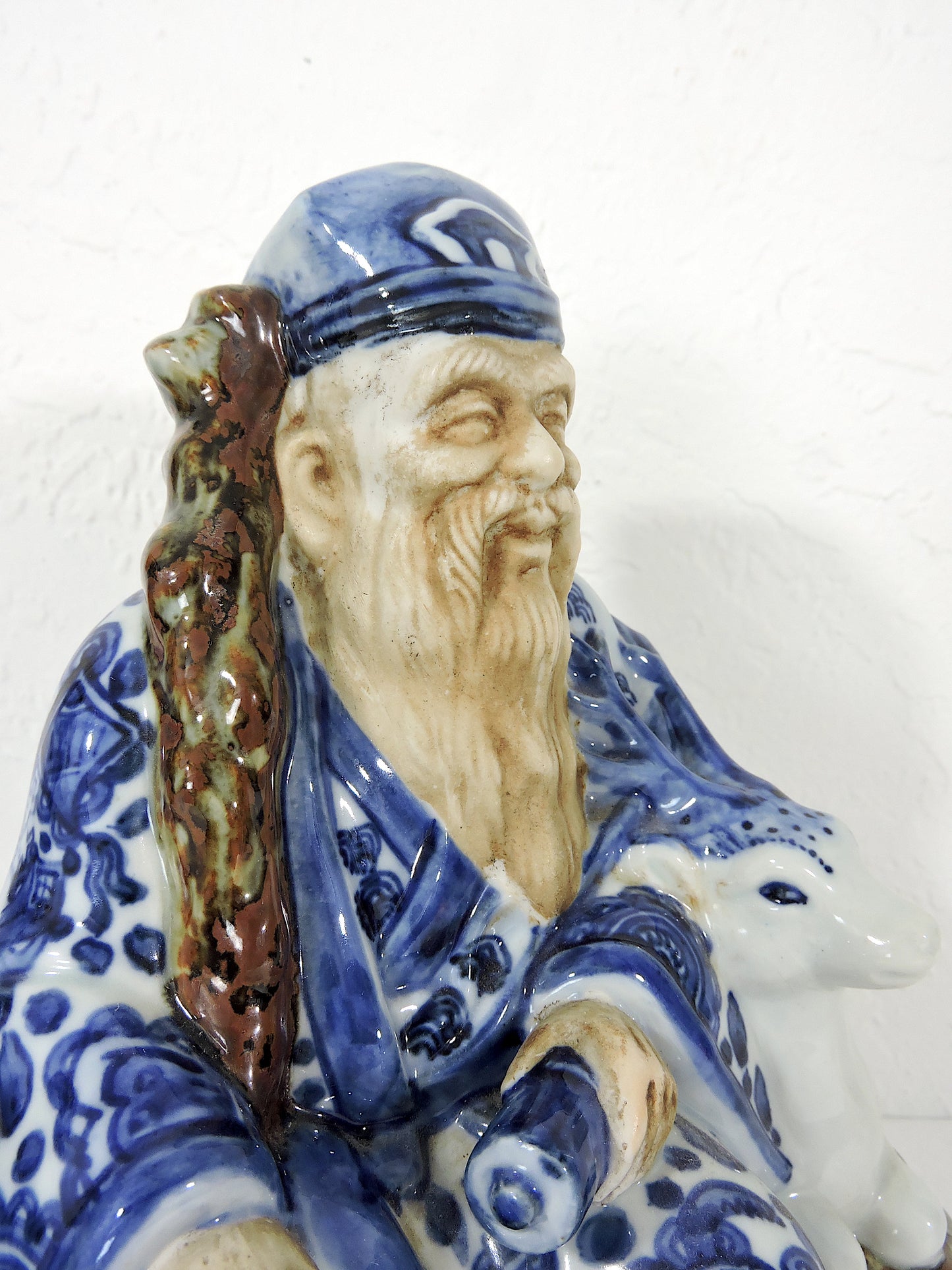 Signed Japanese Blue and White Kutani Porcelain Statue Figure of Sau, the Immortal With His Deer