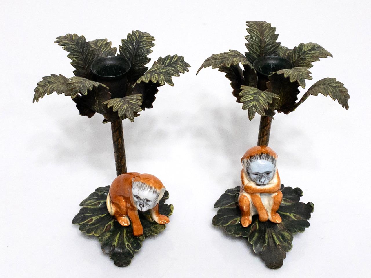 Vintage Palm Tree Candle Holders With Porcelain Hand Painted Monkeys, a Pair