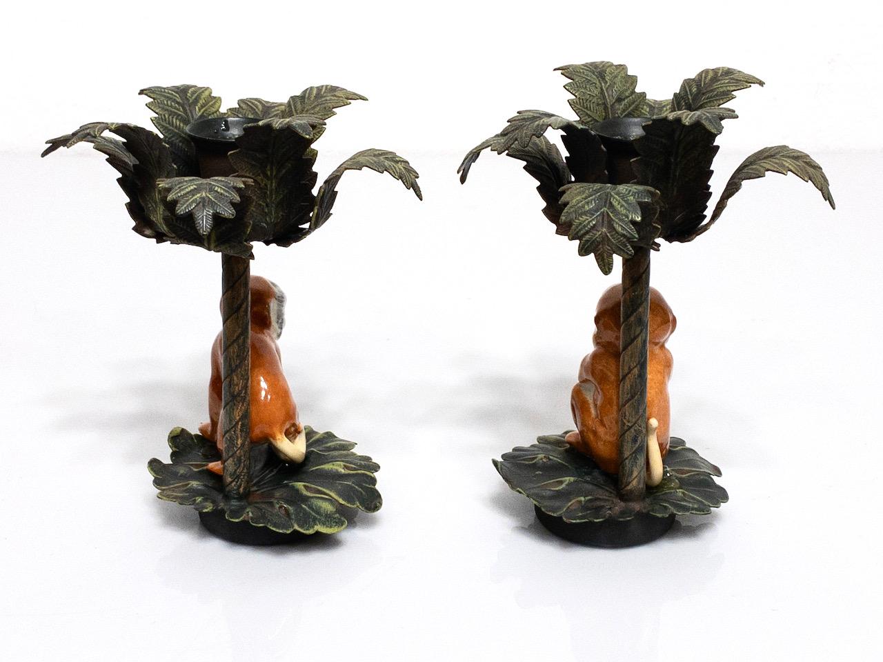 Vintage Palm Tree Candle Holders With Porcelain Hand Painted Monkeys, a Pair