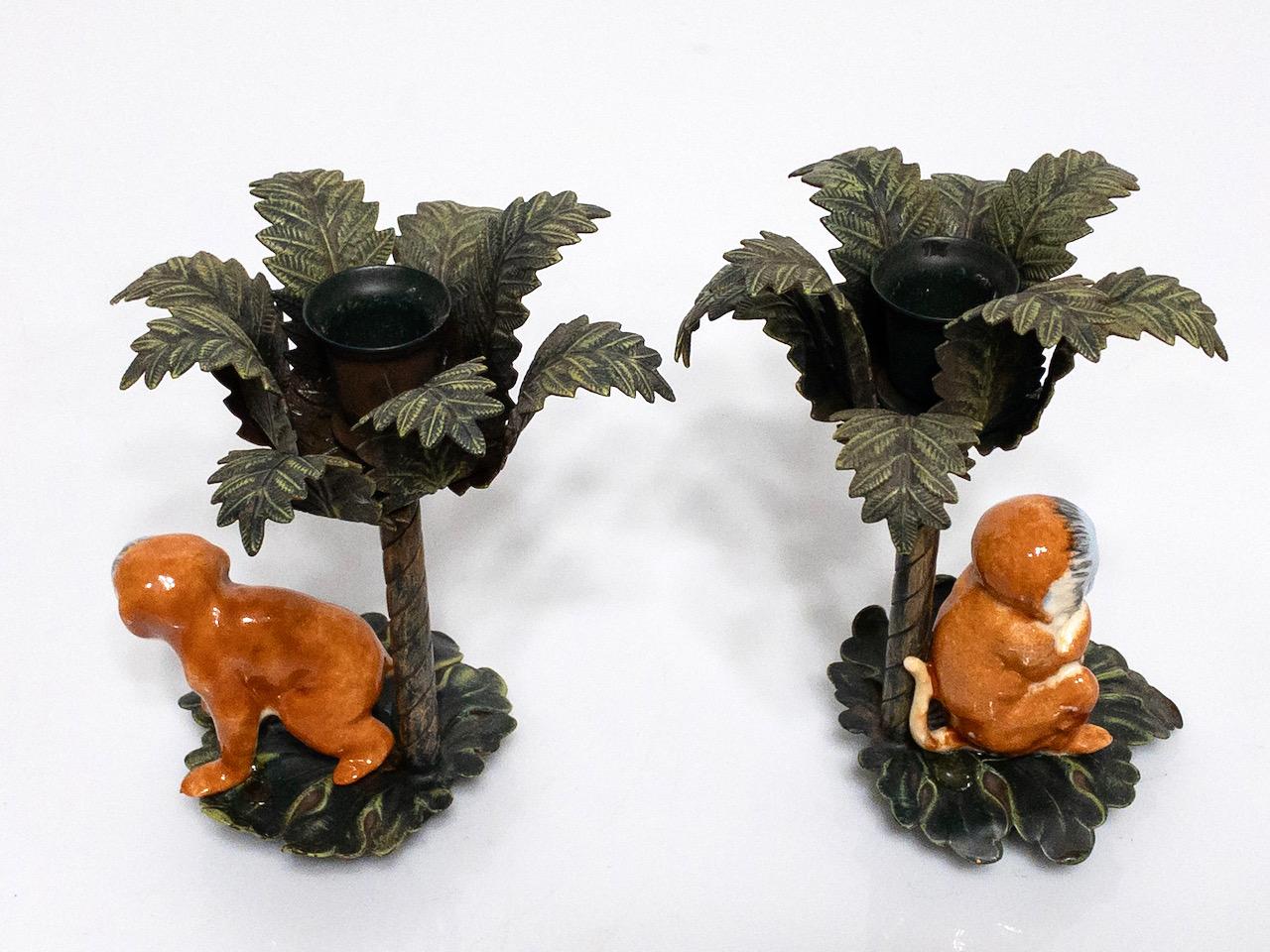 Vintage Palm Tree Candle Holders With Porcelain Hand Painted Monkeys, a Pair